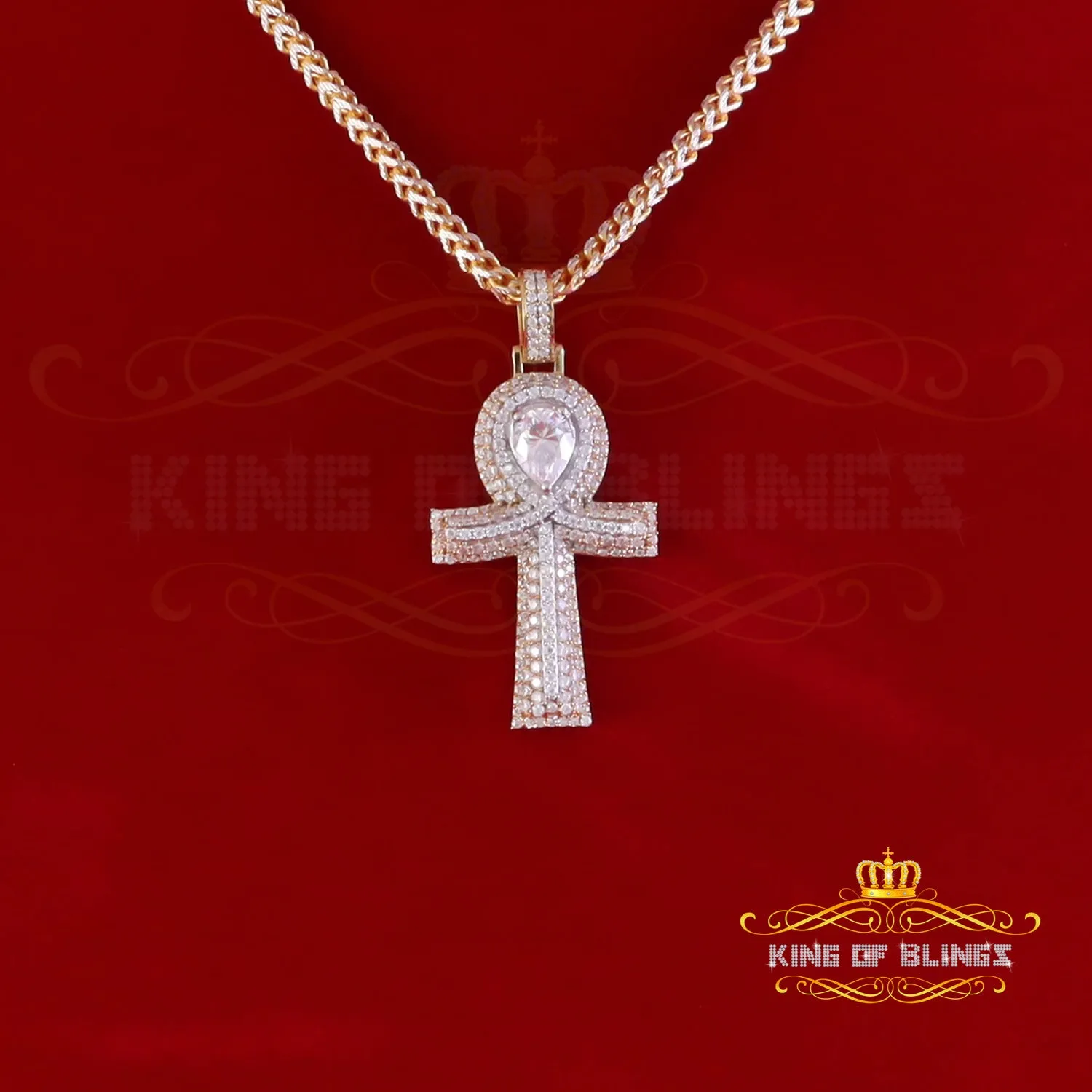 King Of Bling's 4.00ct VVS D Moissanite Yellow Center stone Pear Silver Charm Ankh Mens Pendant