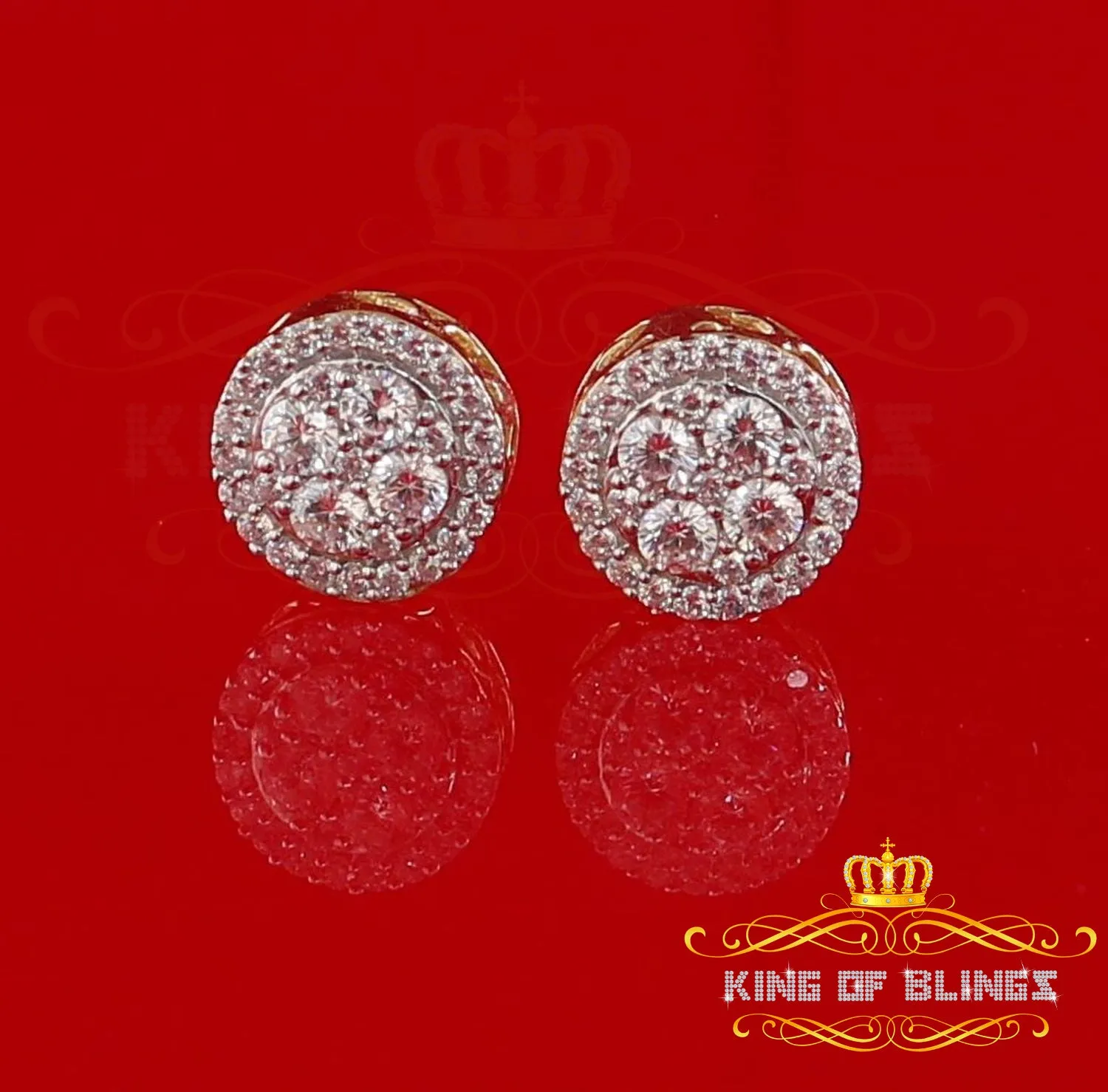 King  of Bling's 925 Yellow Silver 1.77ct Moissanite Women's & Men's Hip Hop Round Earrings