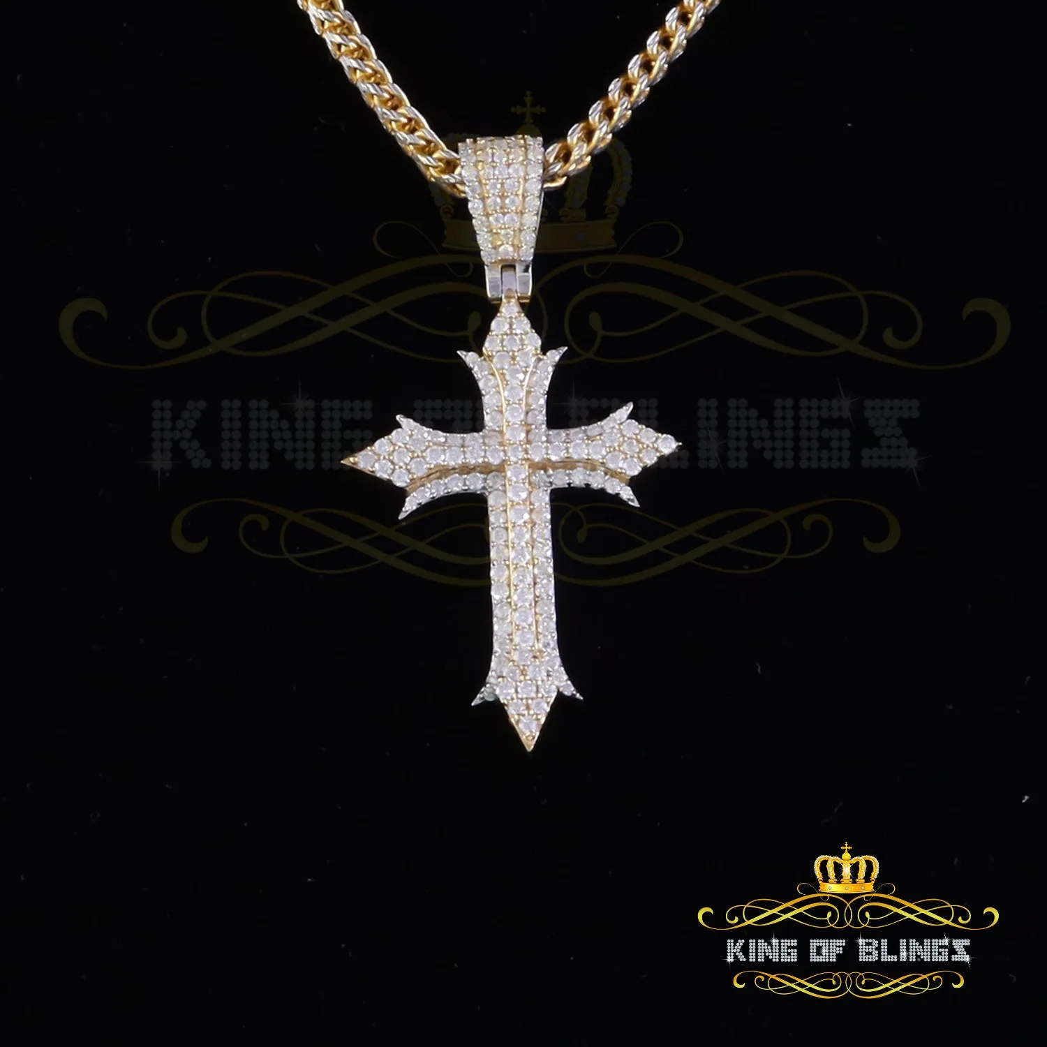 King Of Bling's Charm Cross Pendant Shiny 2.0ct VVS D Moissanite Yellow Silver Men's & Women's