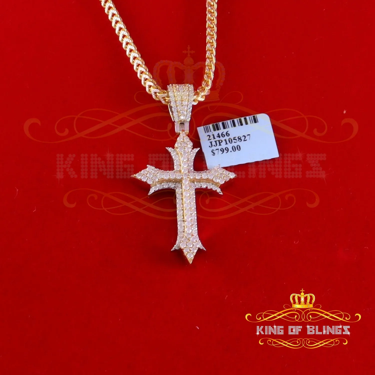 King Of Bling's Charm Cross Pendant Shiny 2.0ct VVS D Moissanite Yellow Silver Men's & Women's