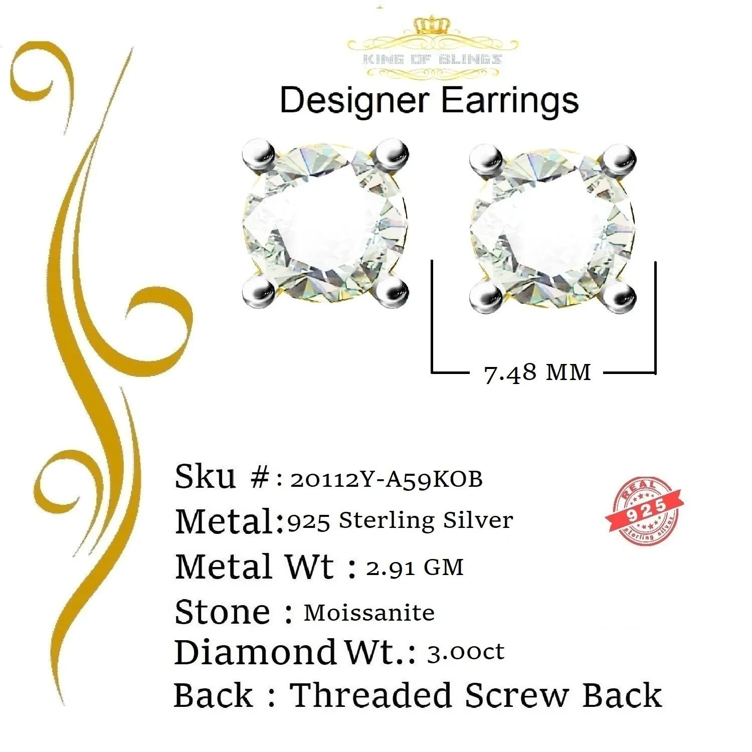 King  of Bling's Mens & Womens stud 925 silver Yellow 3.00ct VVS 'D' Color Moissanite Earrings