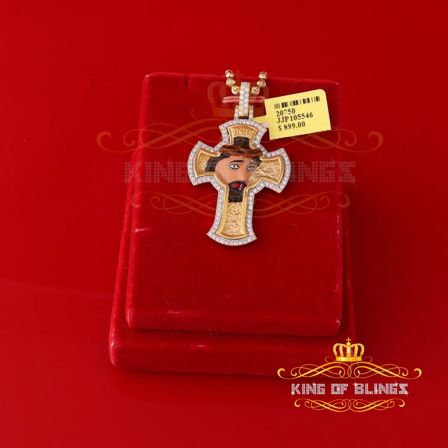 King Of Bling's Men's 'VVS ' IF'D' Moissanite 1.00CT Enamel Silver BigJESUS Yellow Cross Pendant