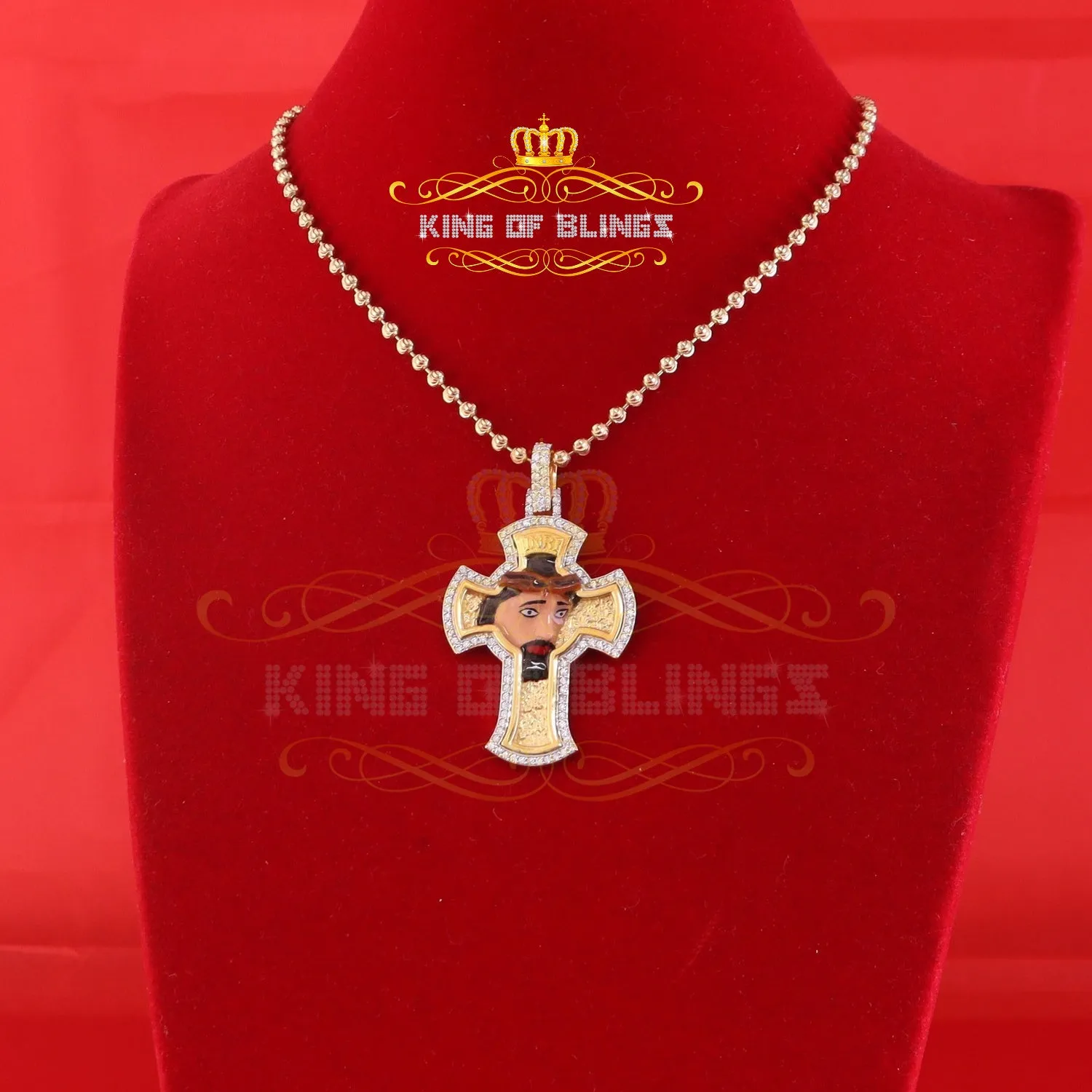 King Of Bling's Men's 'VVS ' IF'D' Moissanite 1.00CT Enamel Silver BigJESUS Yellow Cross Pendant