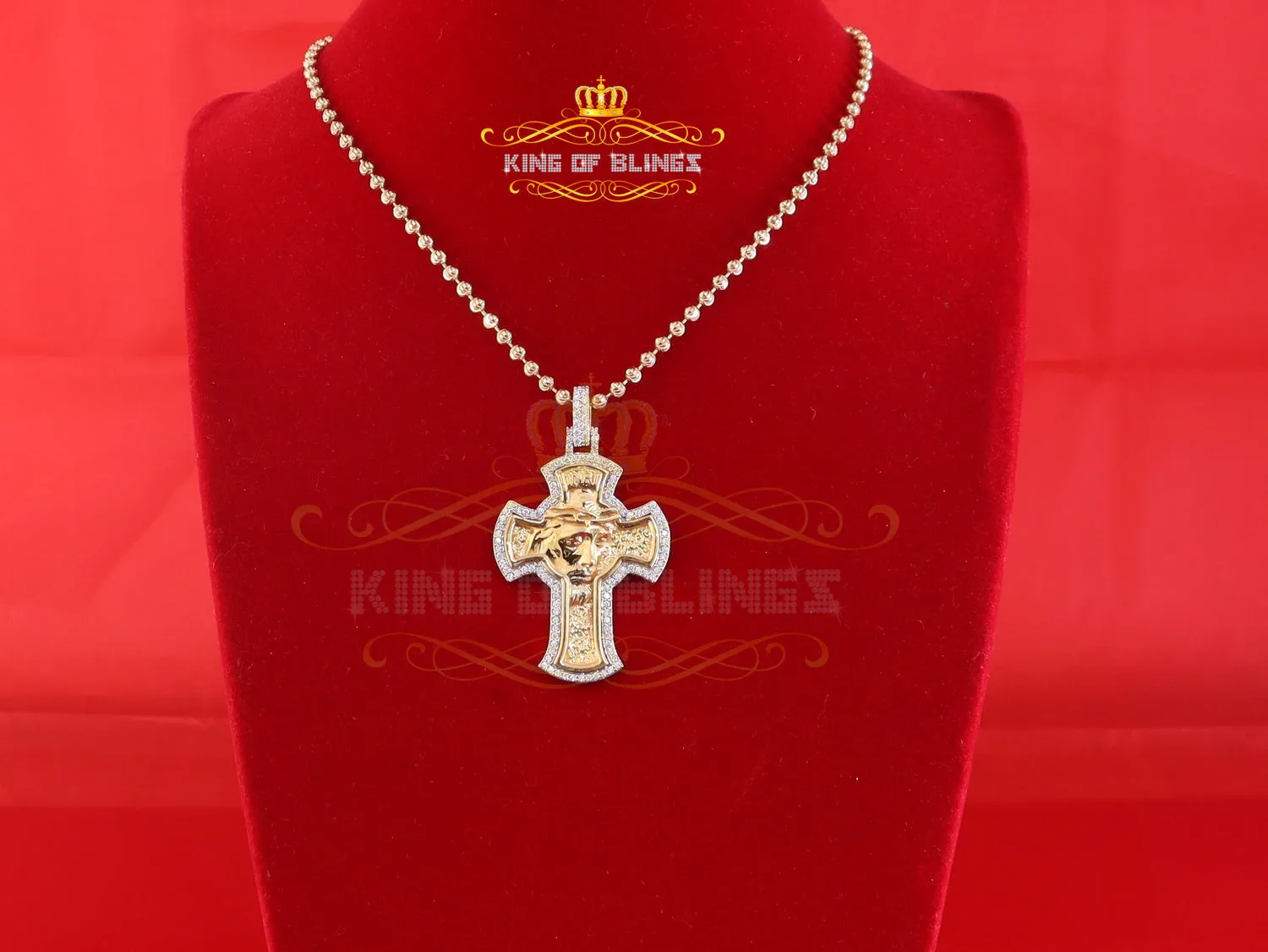 King Of Bling's Men's 'VVS ' IF'D' Moissanite 1.00CT Silver JESUS Yellow Cross Pendant for Him