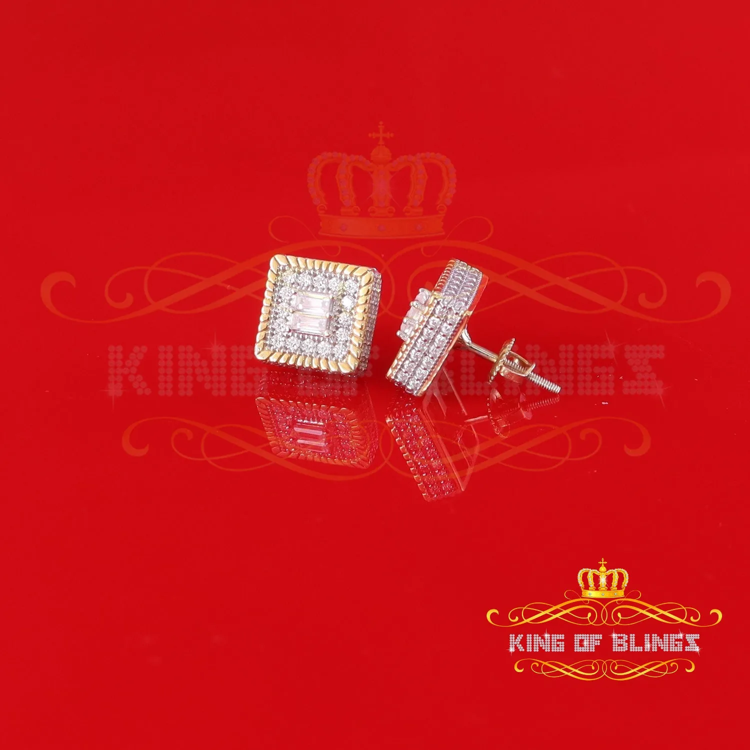 King  of Bling's Men's/Womens 925 Silver Yellow 1.00ct VVS 'D' Moissanite 3D Square Stud Earrings