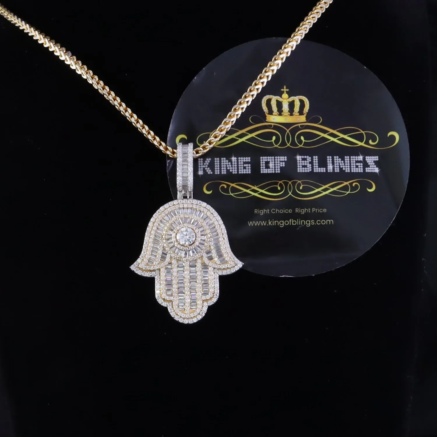 King Of Bling's Men's/Women's New Hamsa Pendant 8.0ct VVS D Moissanite Yellow Sterling Silver