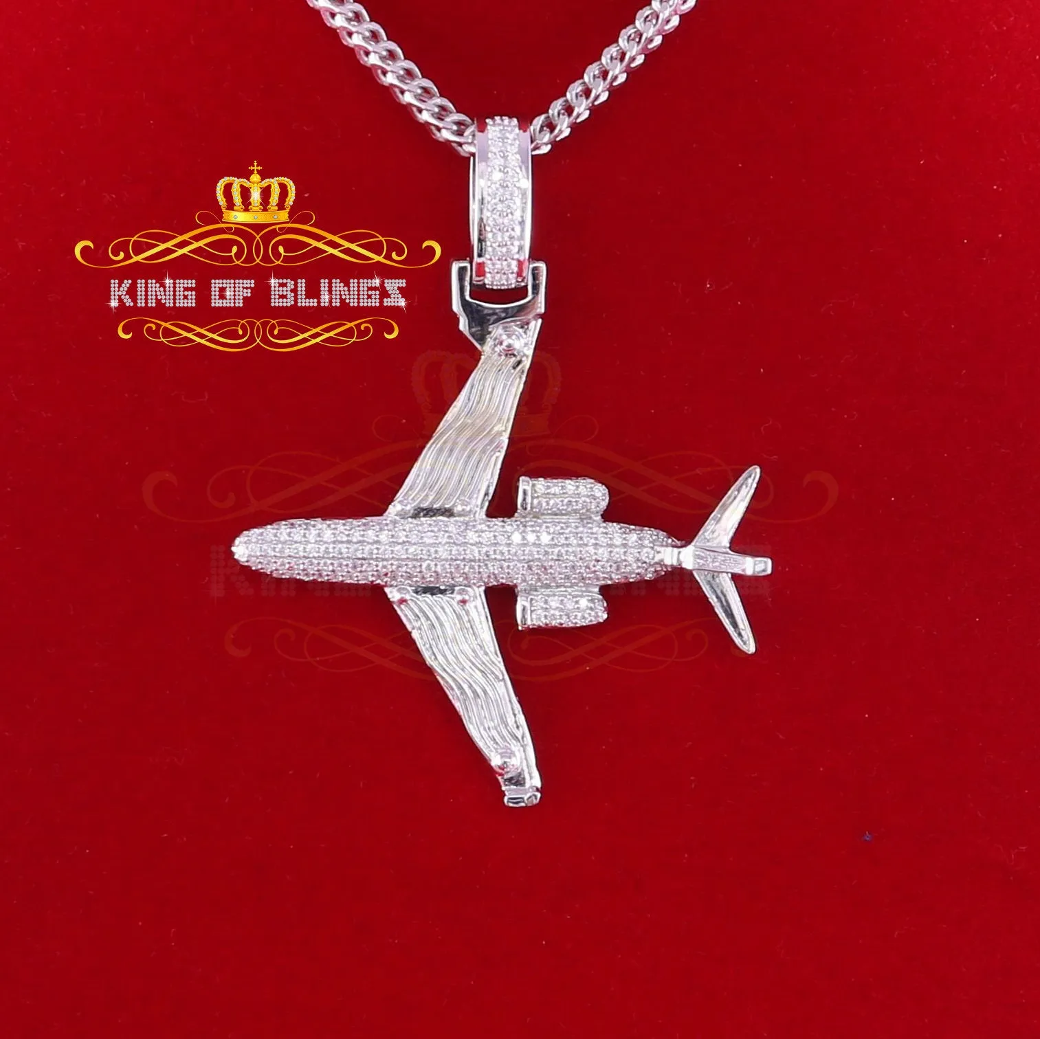 King Of Bling's White 925 Sterling Silver Aeroplane Shape Pendant with 1.82ct Cubic Zirconia