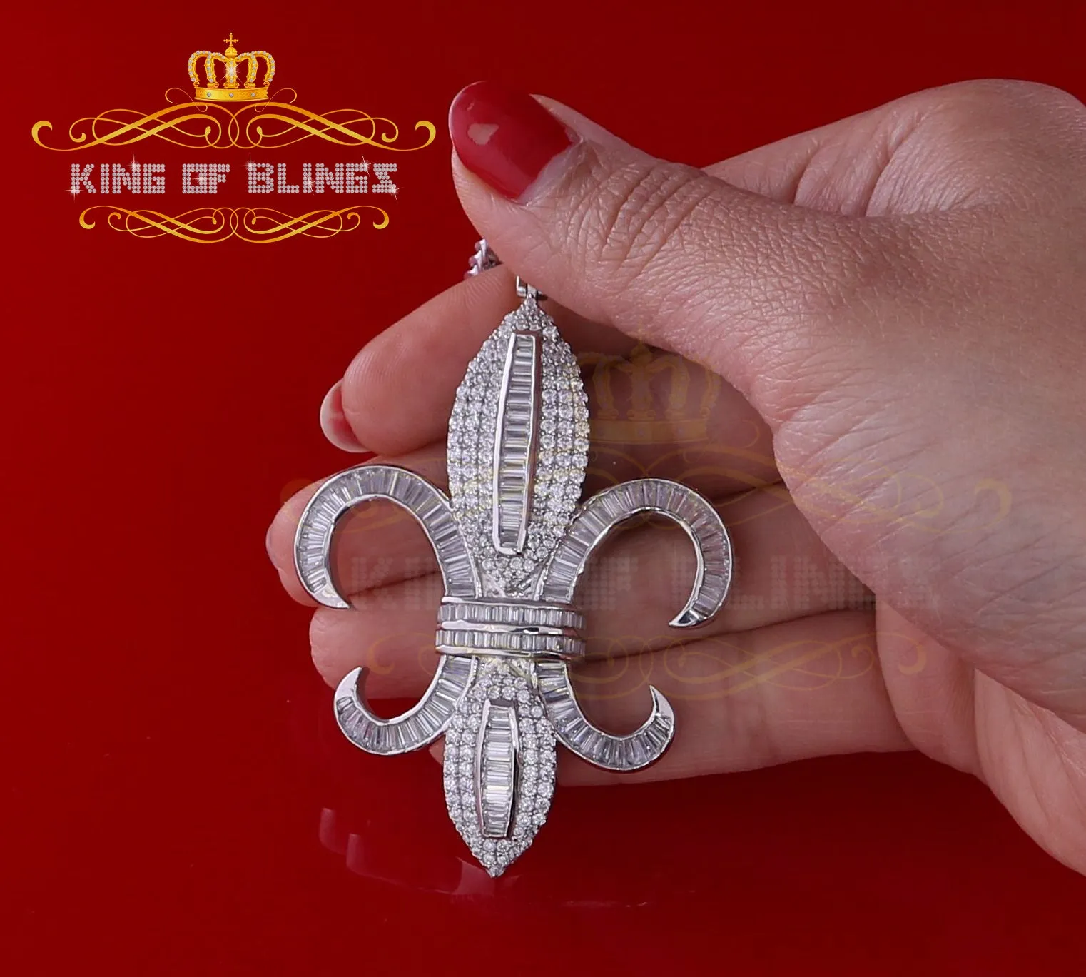 King Of Bling's White Sterling Silver Fleur de Lis wise Shape Pendant with15.62ct Cubic Zirconia