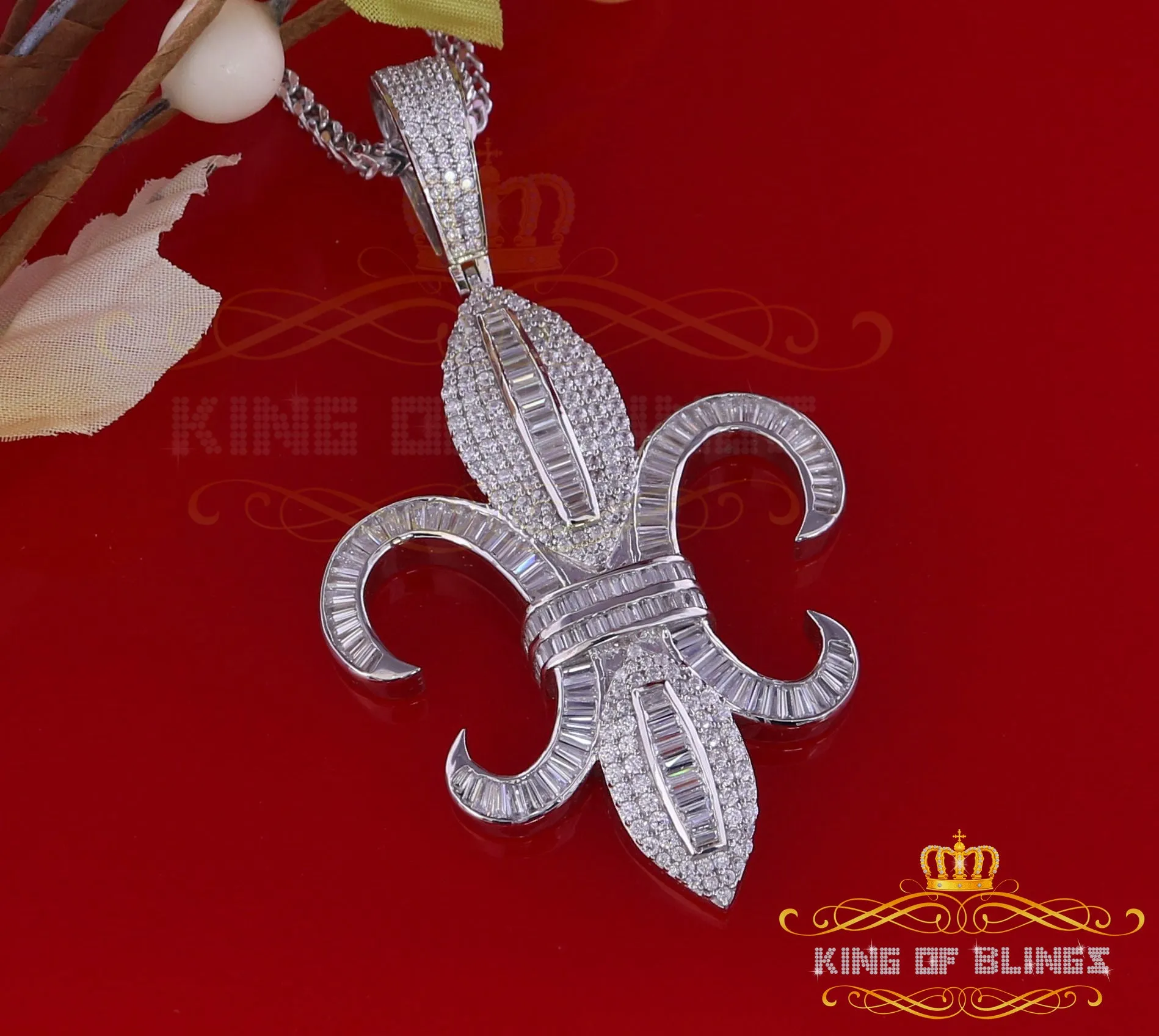 King Of Bling's White Sterling Silver Fleur de Lis wise Shape Pendant with15.62ct Cubic Zirconia