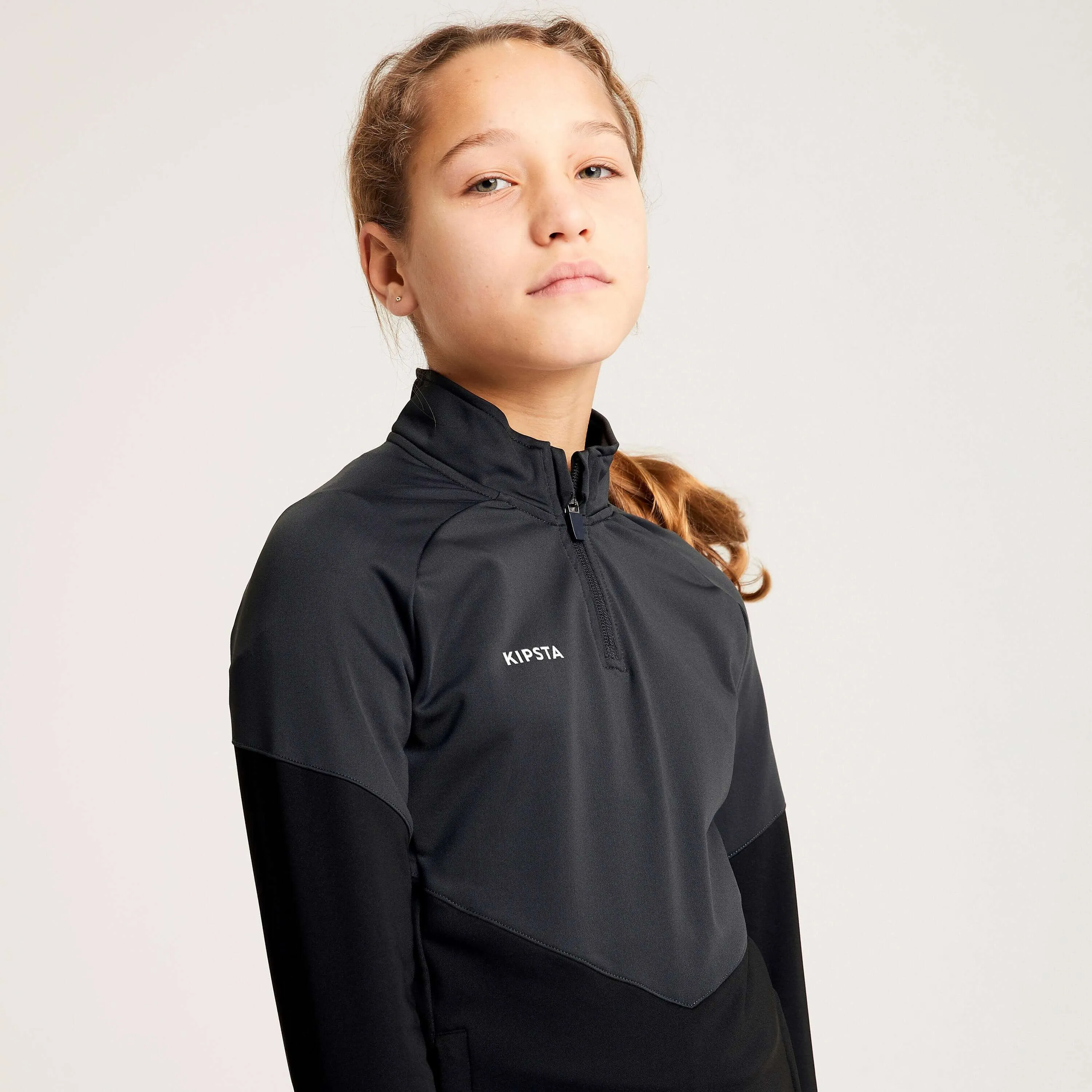 Kipsta Viralto  soccer sweatshirt for girls, charcoal gray/black