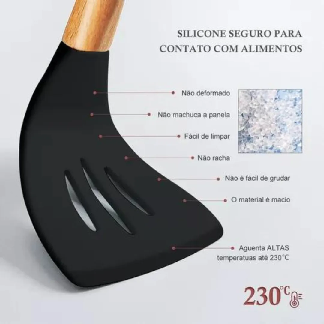 Kit 12 Utensílios De Cozinha Em Silicone E Cabo De Madeira