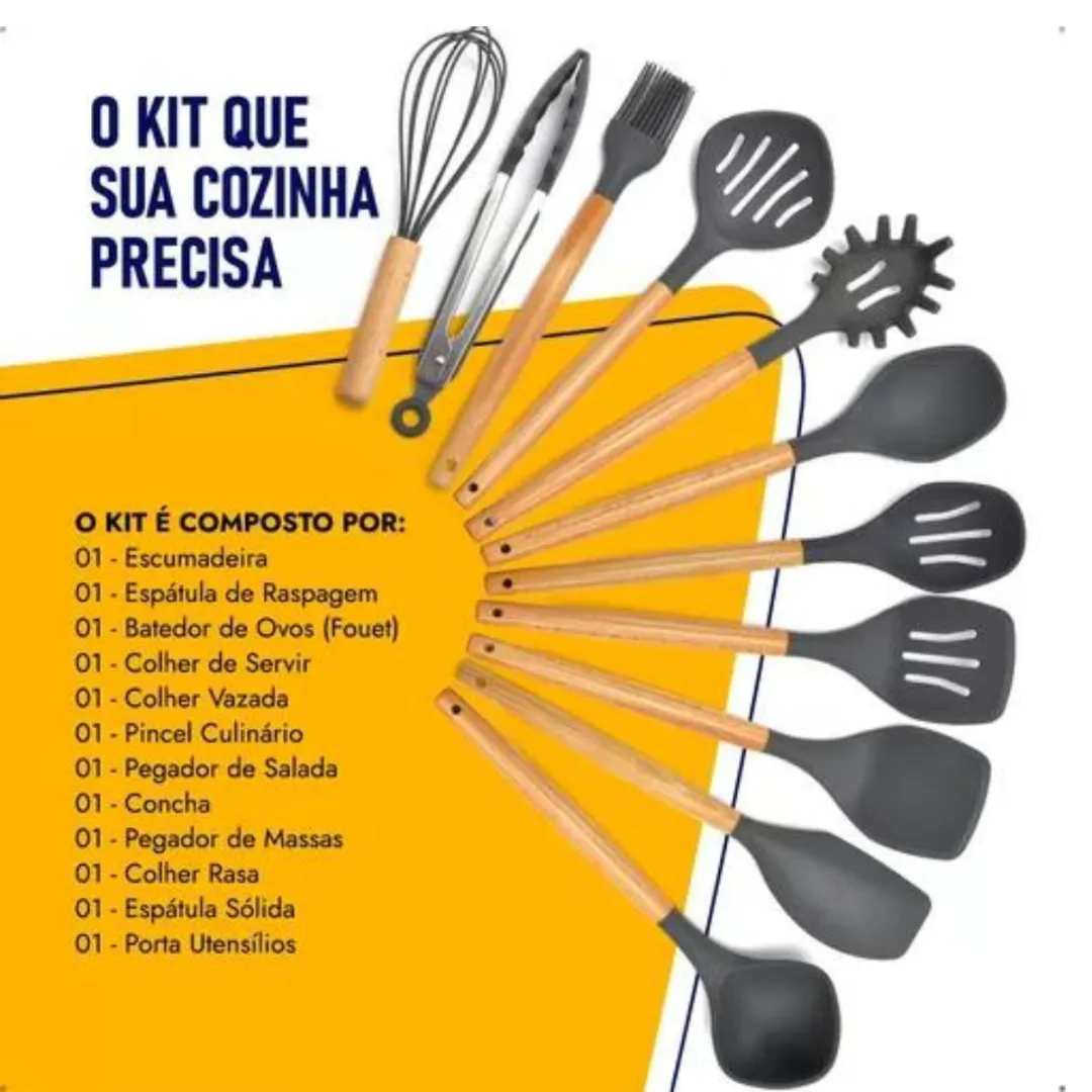 Kit 12 Utensílios De Cozinha Em Silicone E Cabo De Madeira