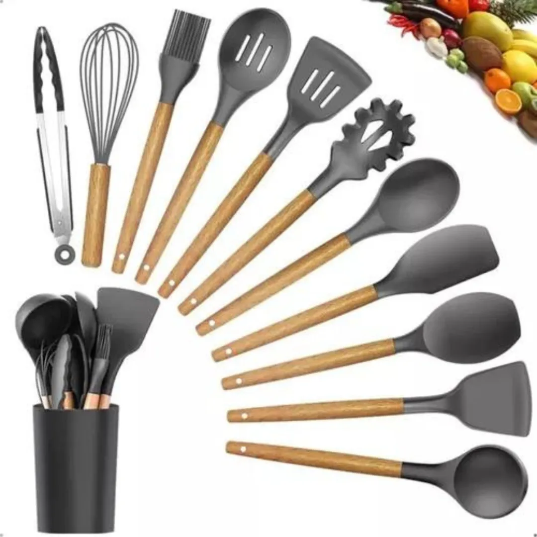 Kit 12 Utensílios De Cozinha Em Silicone E Cabo De Madeira