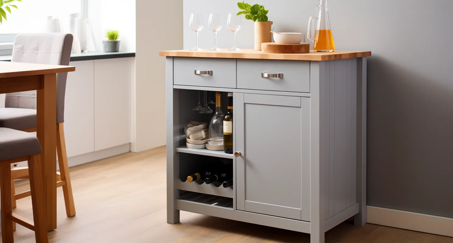 Kitchen Island with a solid wooden top, perfect place to work and eat.