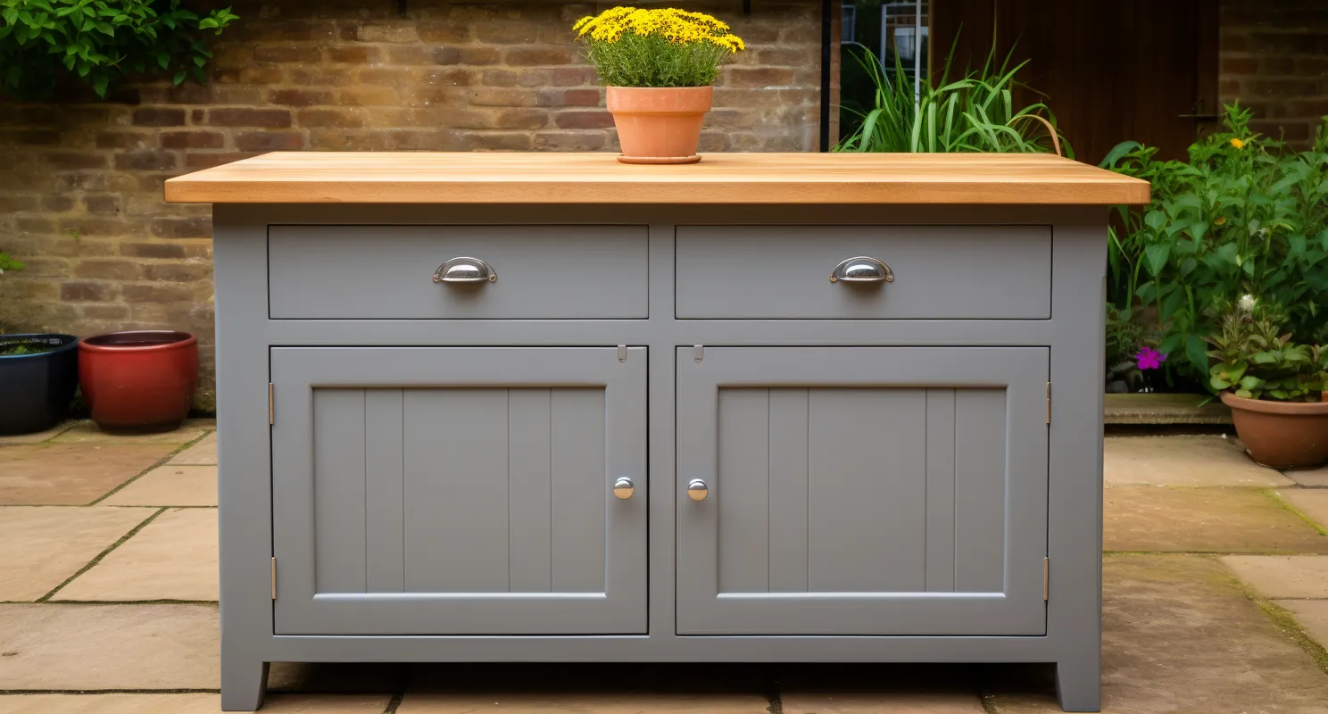 Kitchen Island with a solid wooden top, perfect place to work and eat.