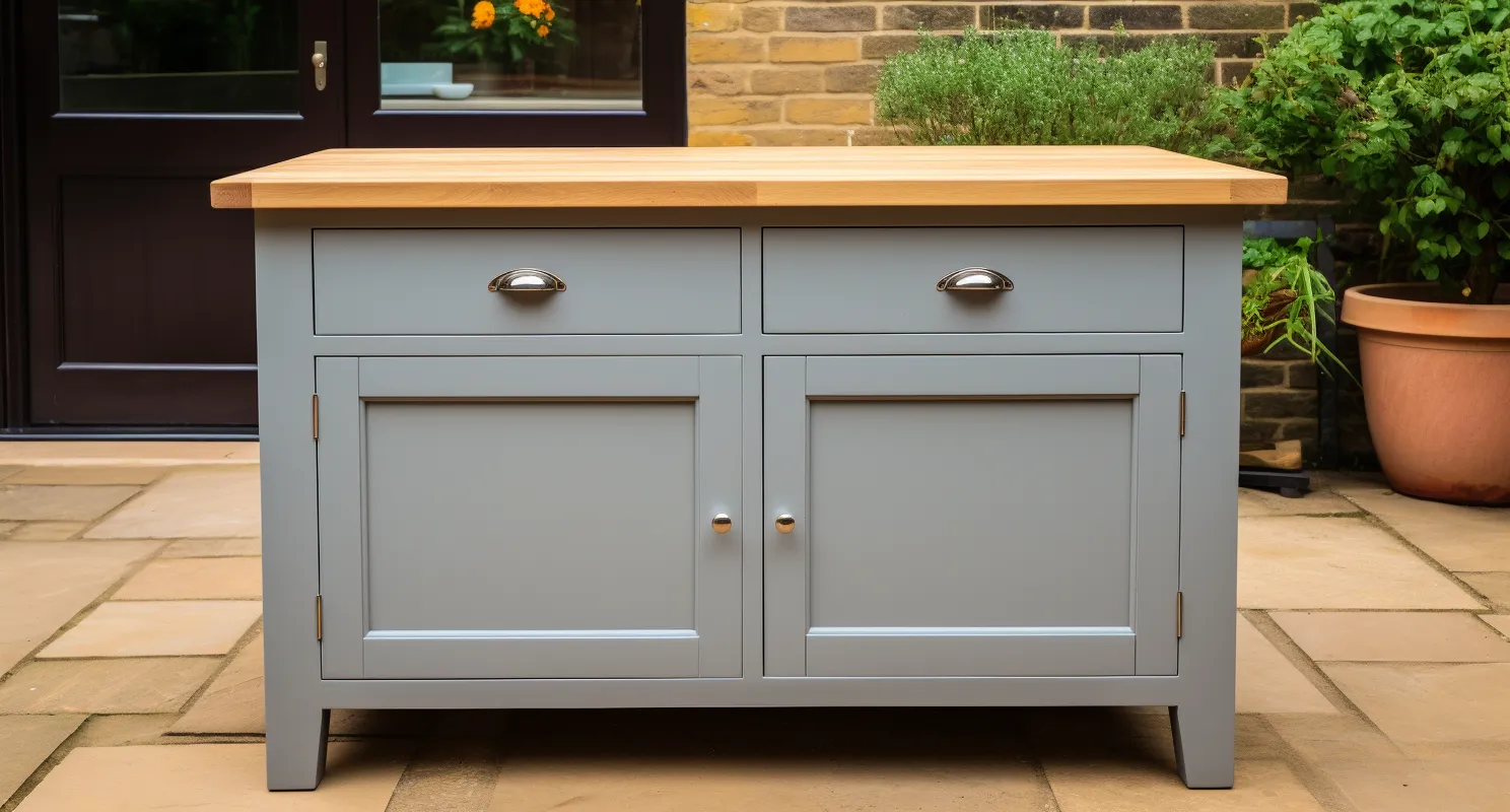 Kitchen Island with a solid wooden top, perfect place to work and eat.