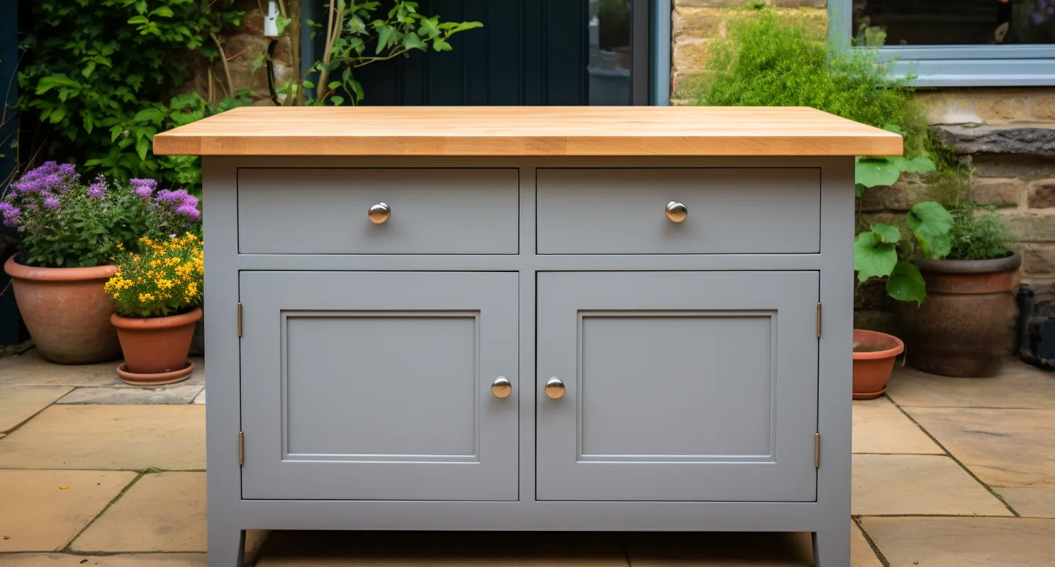 Kitchen Island with a solid wooden top, perfect place to work and eat.