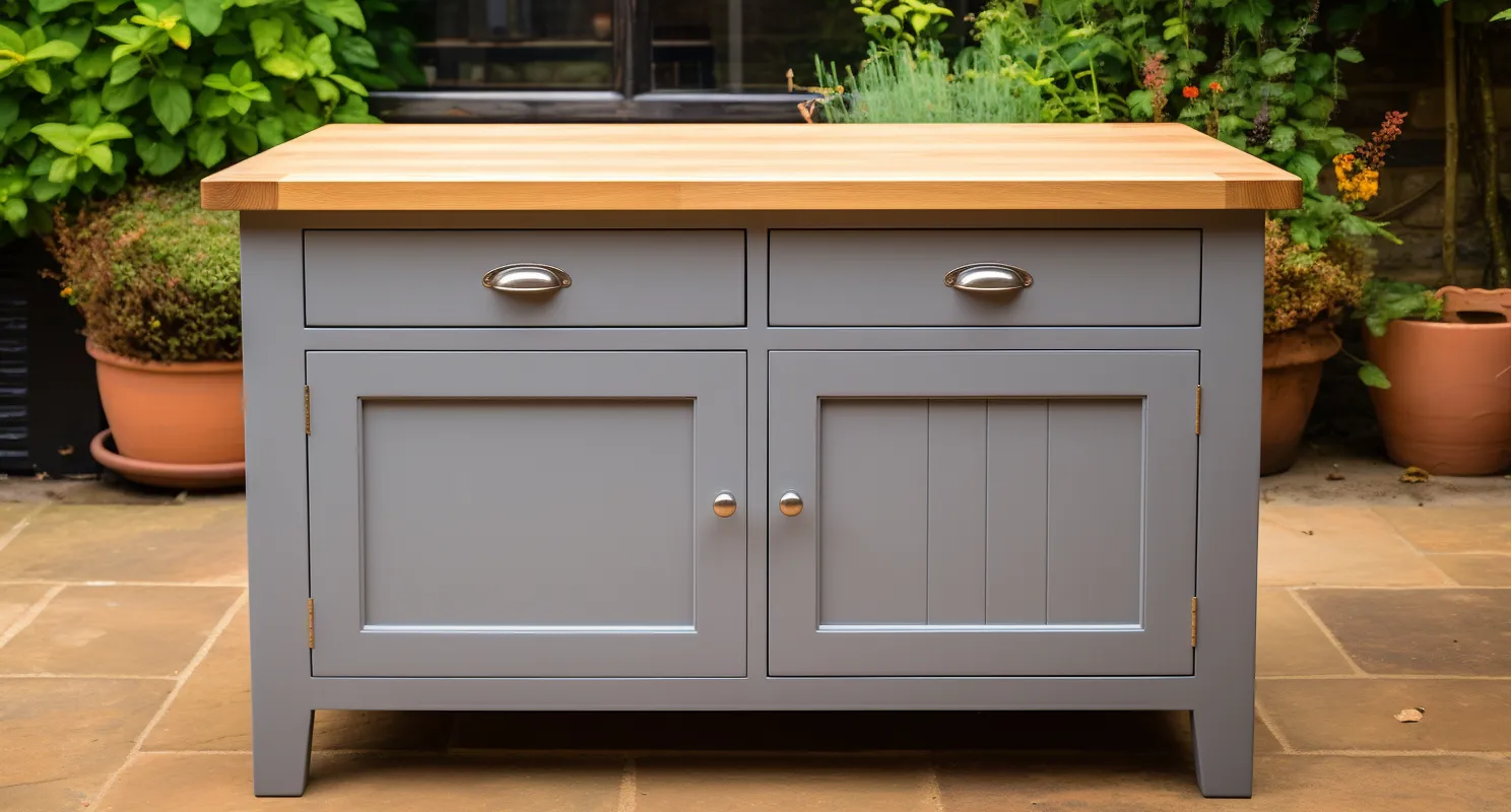 Kitchen Island with a solid wooden top, perfect place to work and eat.