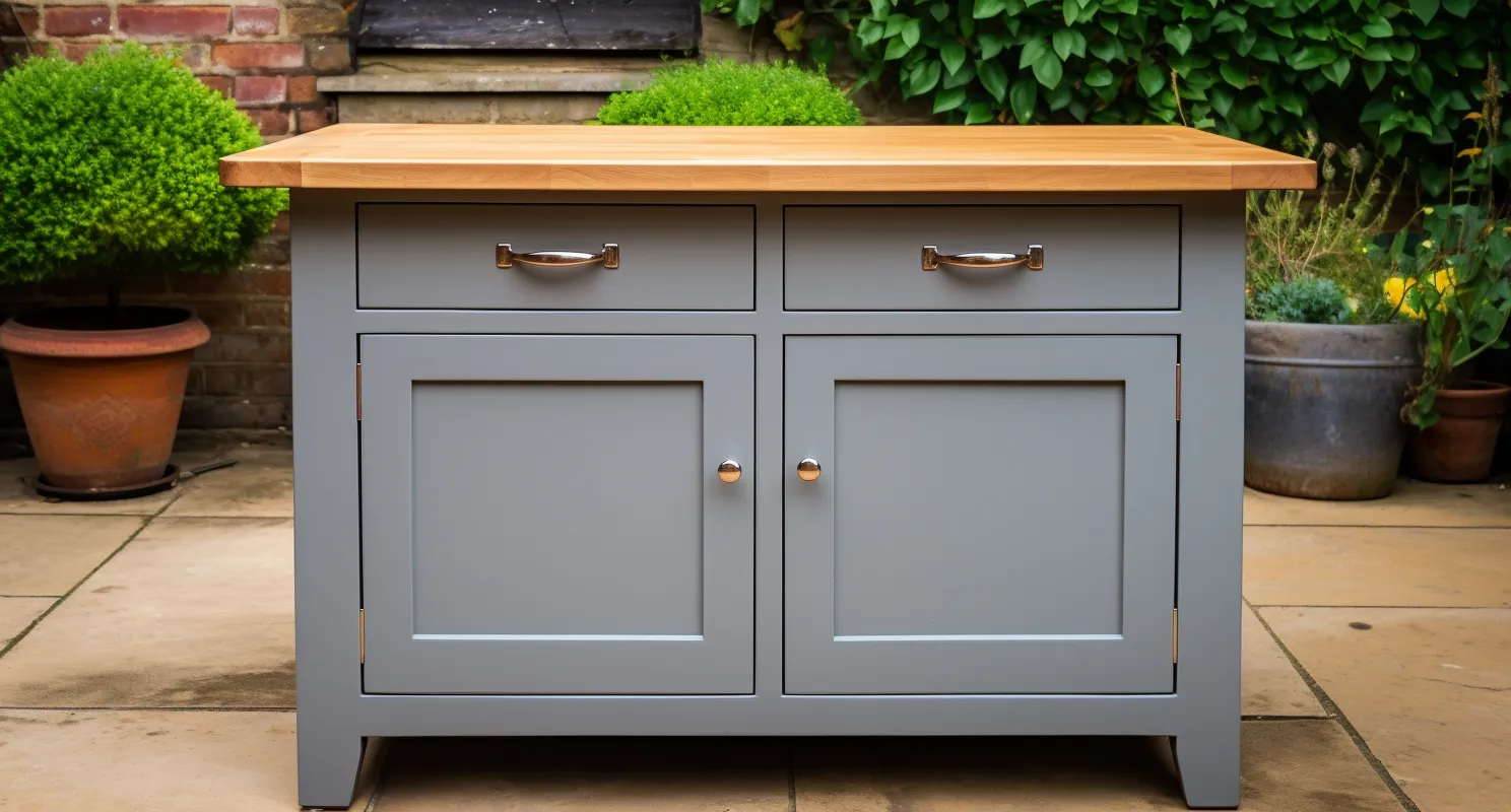 Kitchen Island with a solid wooden top, perfect place to work and eat.