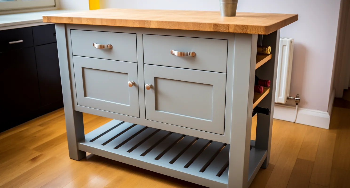 Kitchen Island with a solid wooden top, perfect place to work and eat.