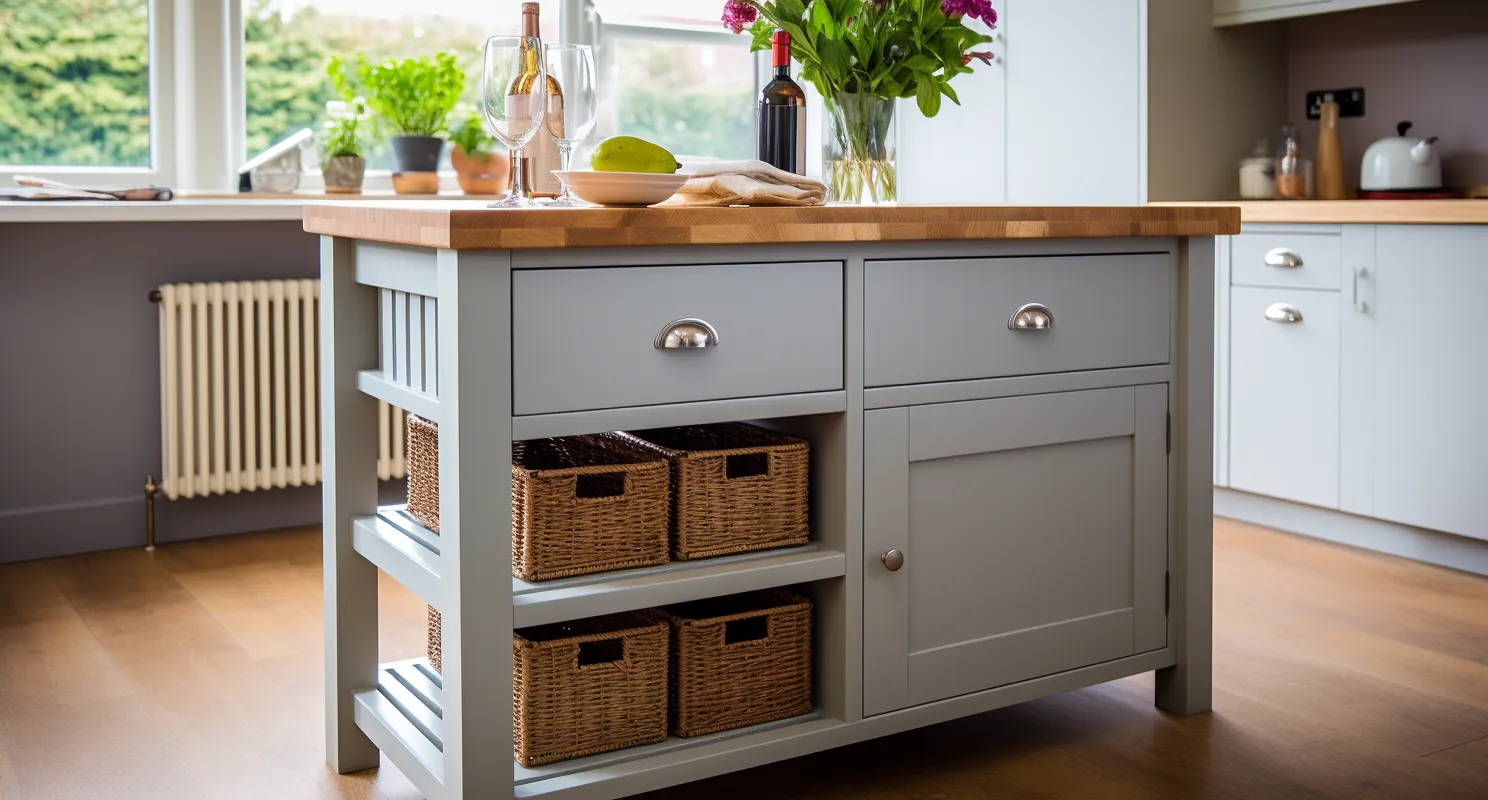 Kitchen Island with a solid wooden top, perfect place to work and eat.