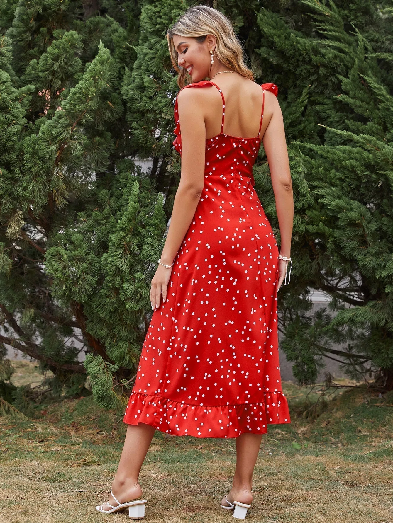 KittenAlarm - New High-waist Ruffled Slim-fit Polka-dot Sleeveless Red Dress