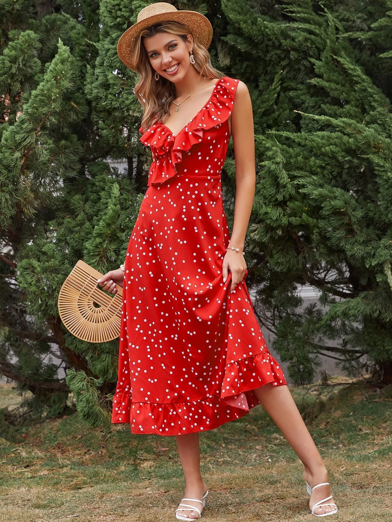 KittenAlarm - New High-waist Ruffled Slim-fit Polka-dot Sleeveless Red Dress