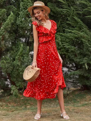 KittenAlarm - New High-waist Ruffled Slim-fit Polka-dot Sleeveless Red Dress