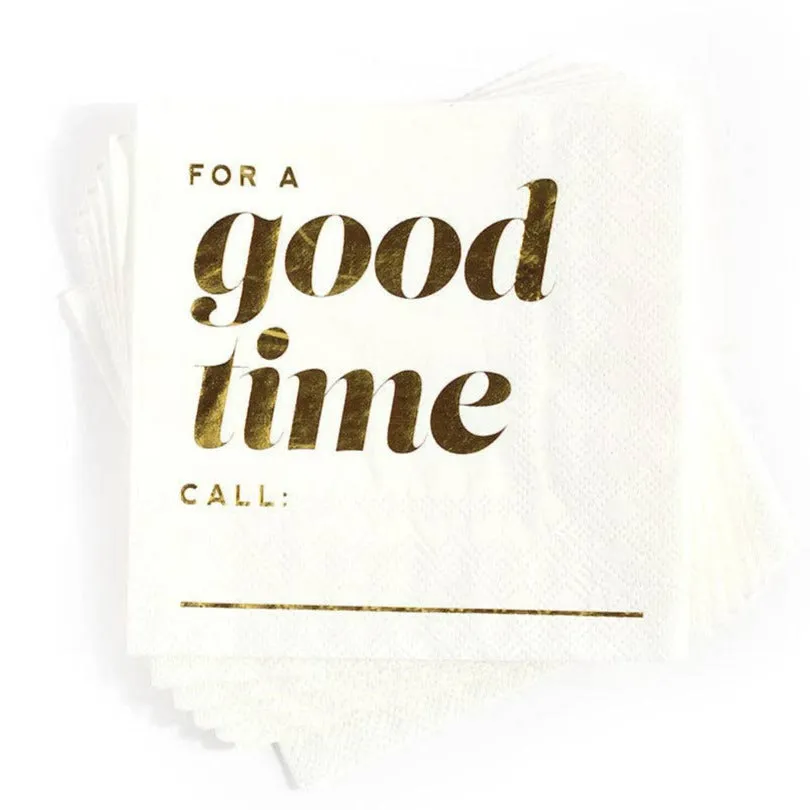 Kitty Meow Boutique | Good Time Call, Funny Gold Foil Celebration Cocktail Napkins