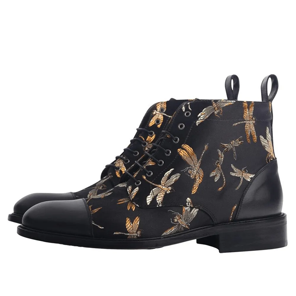 kkboxly kkboxly Men British Style Cap Toe Splicing Dragonflies Printed Cloth Ankle Jack Boots