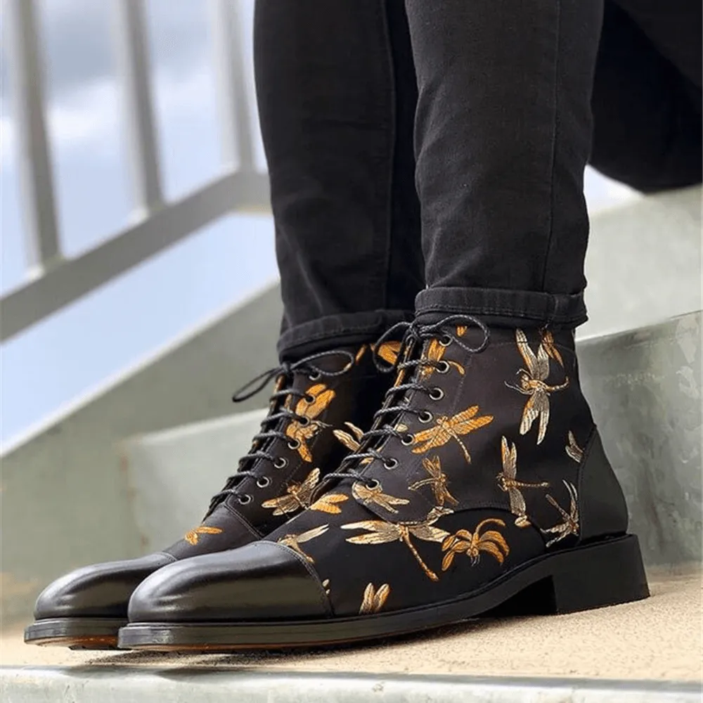 kkboxly kkboxly Men British Style Cap Toe Splicing Dragonflies Printed Cloth Ankle Jack Boots