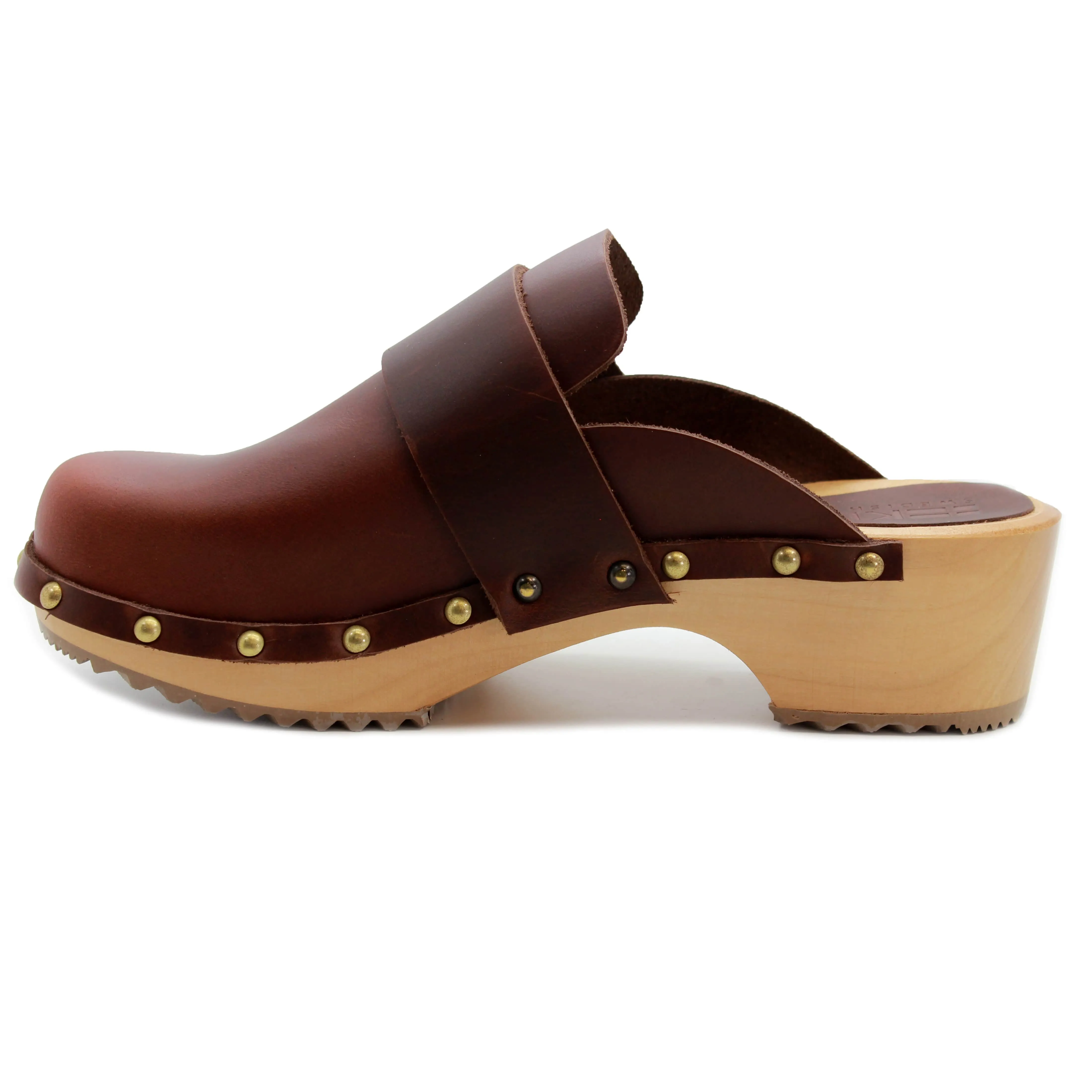 KLÄGN Helvi Wood Open Back Full Grain Leather Clogs w/light sole