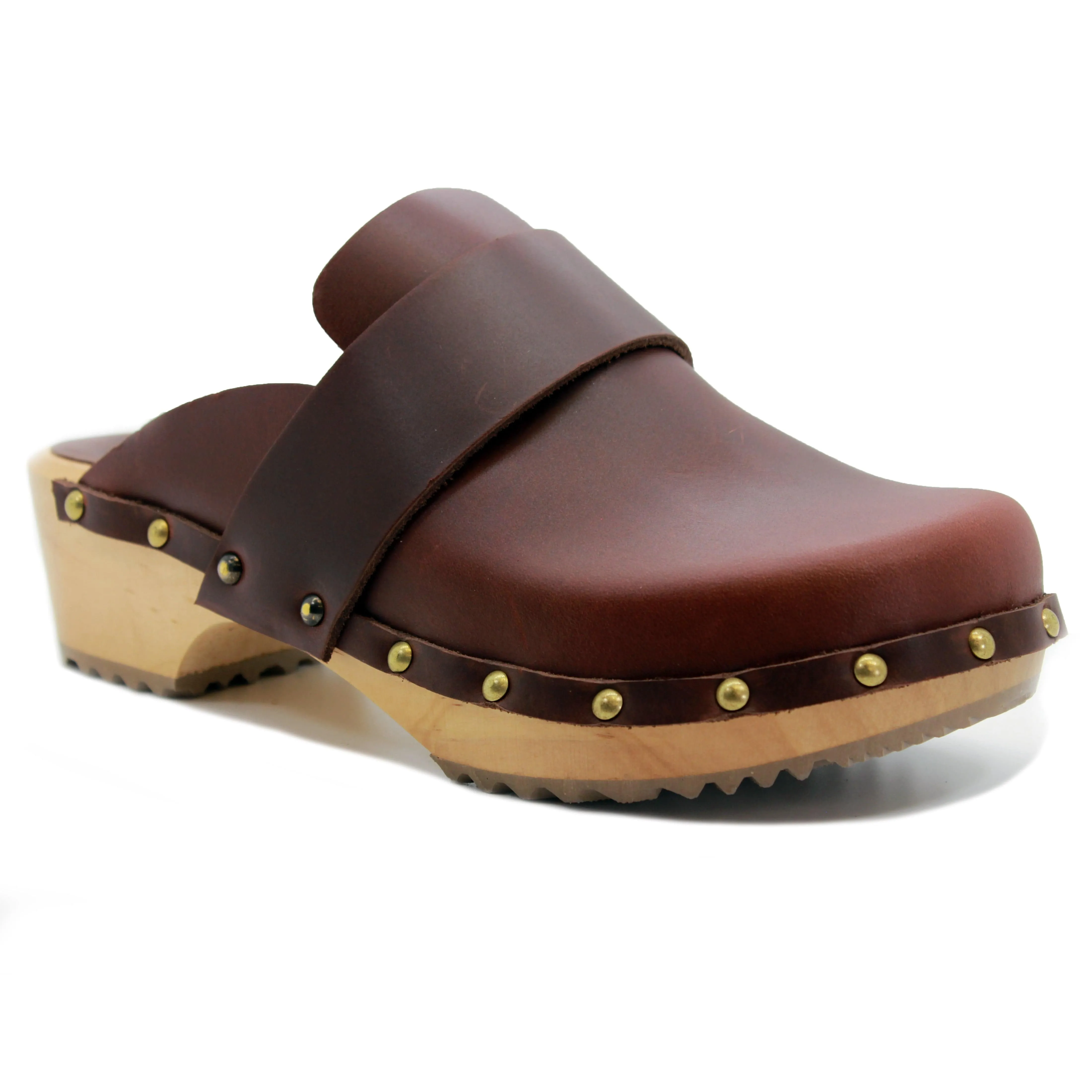 KLÄGN Helvi Wood Open Back Full Grain Leather Clogs w/light sole