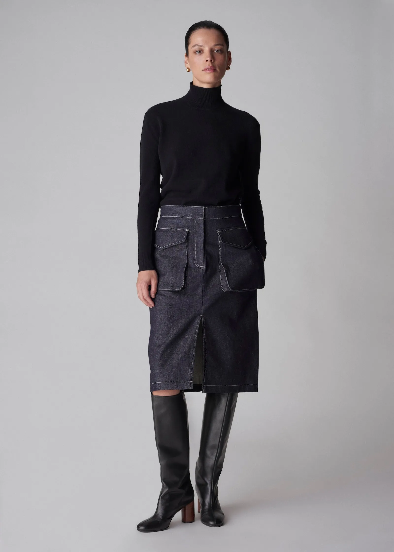 Knee Length Pencil Skirt in Raw Denim - Indigo