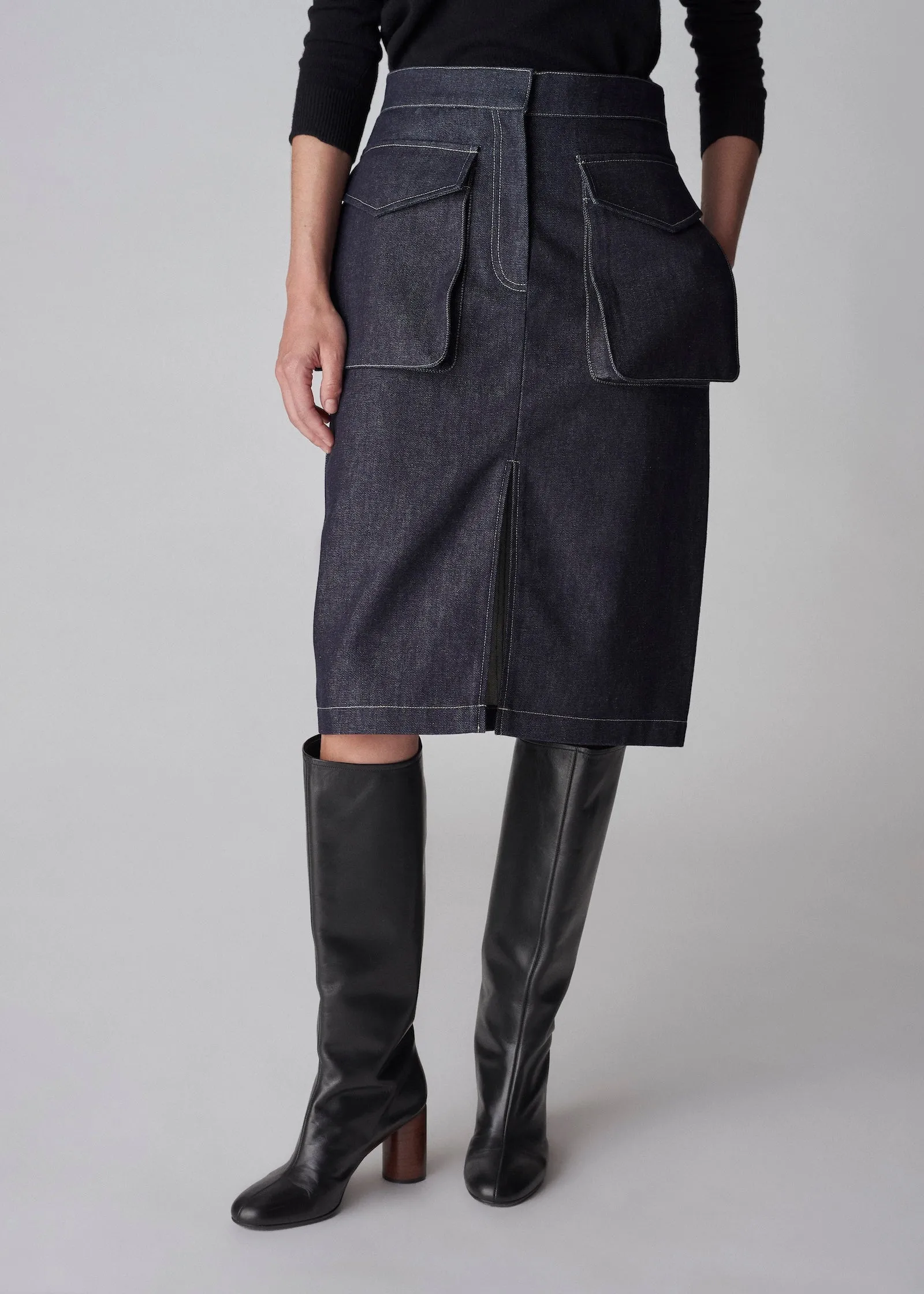 Knee Length Pencil Skirt in Raw Denim - Indigo