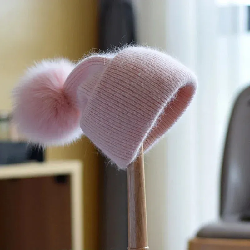 Knit Angora Fox Pom Hat