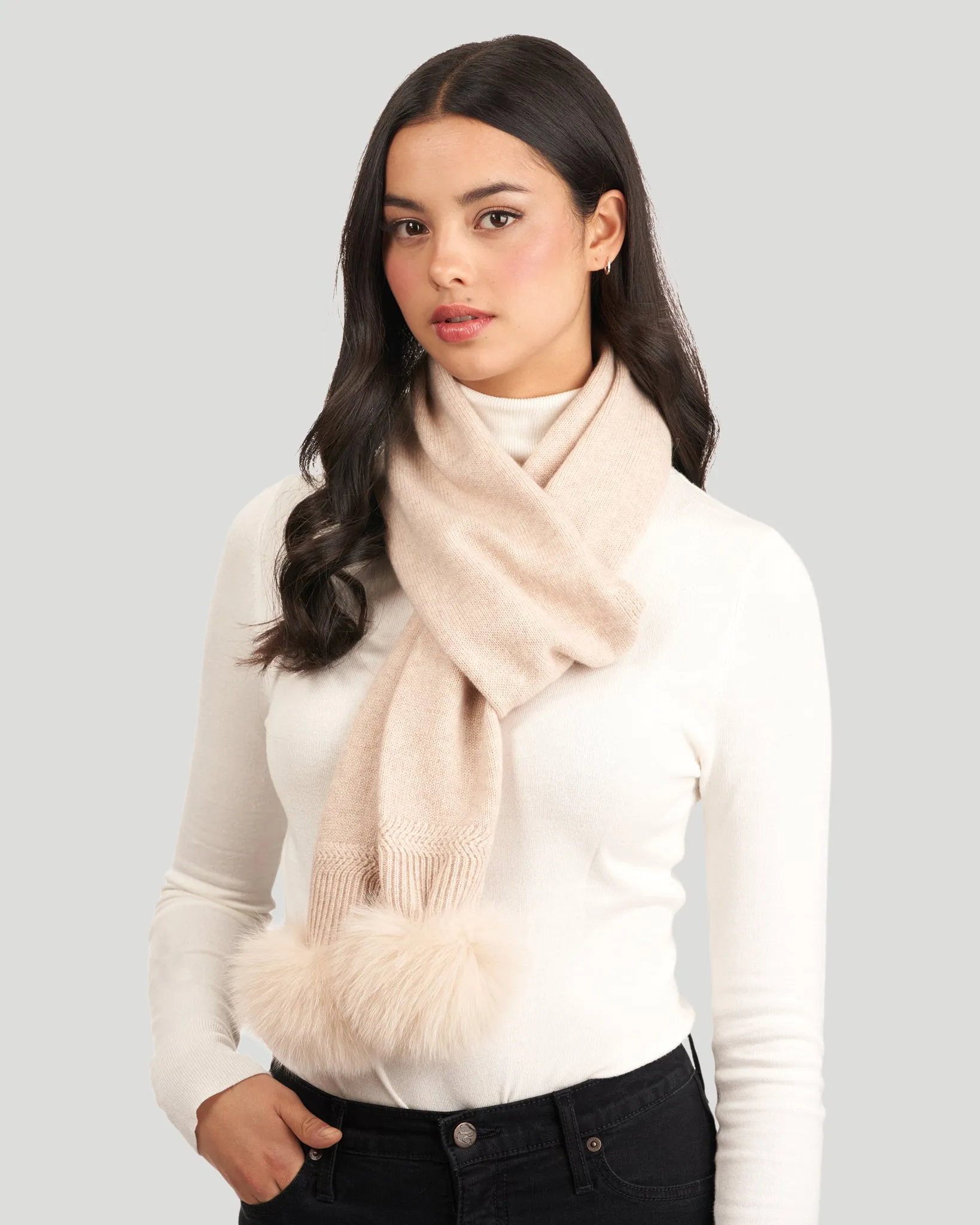 Knit Cashmere Scarf with Fox Pompom