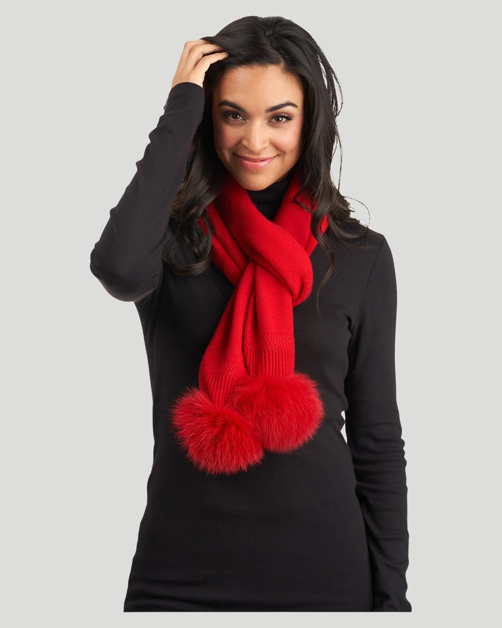 Knit Cashmere Scarf with Fox Pompom