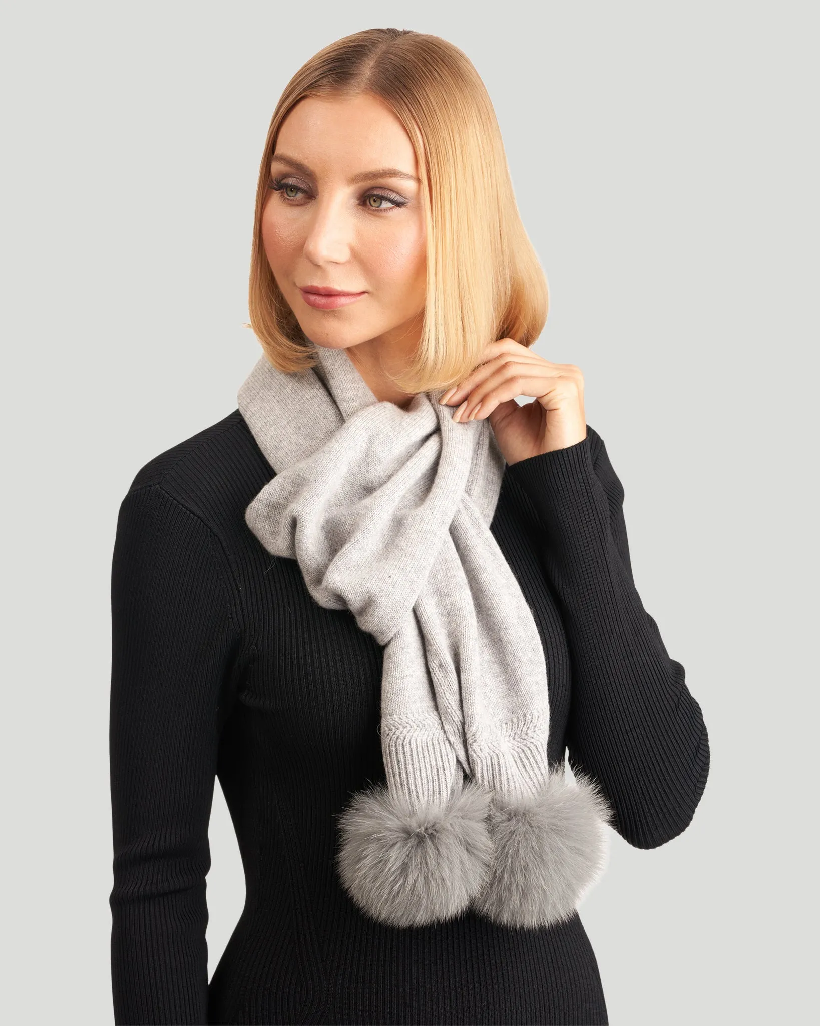 Knit Cashmere Scarf with Fox Pompom