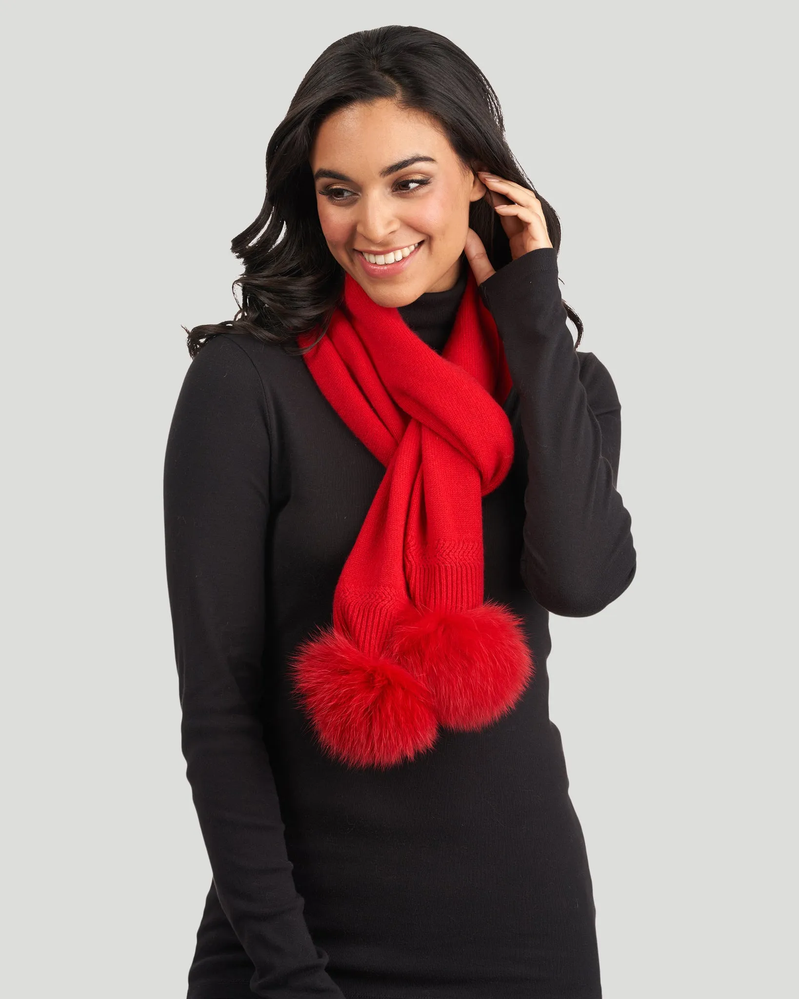 Knit Cashmere Scarf with Fox Pompom