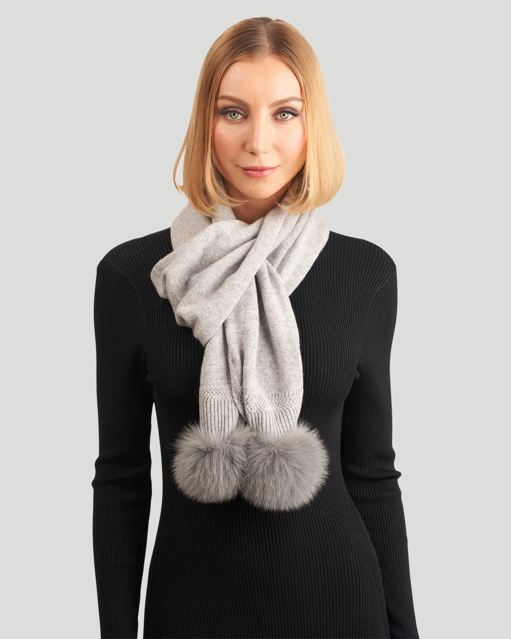 Knit Cashmere Scarf with Fox Pompom