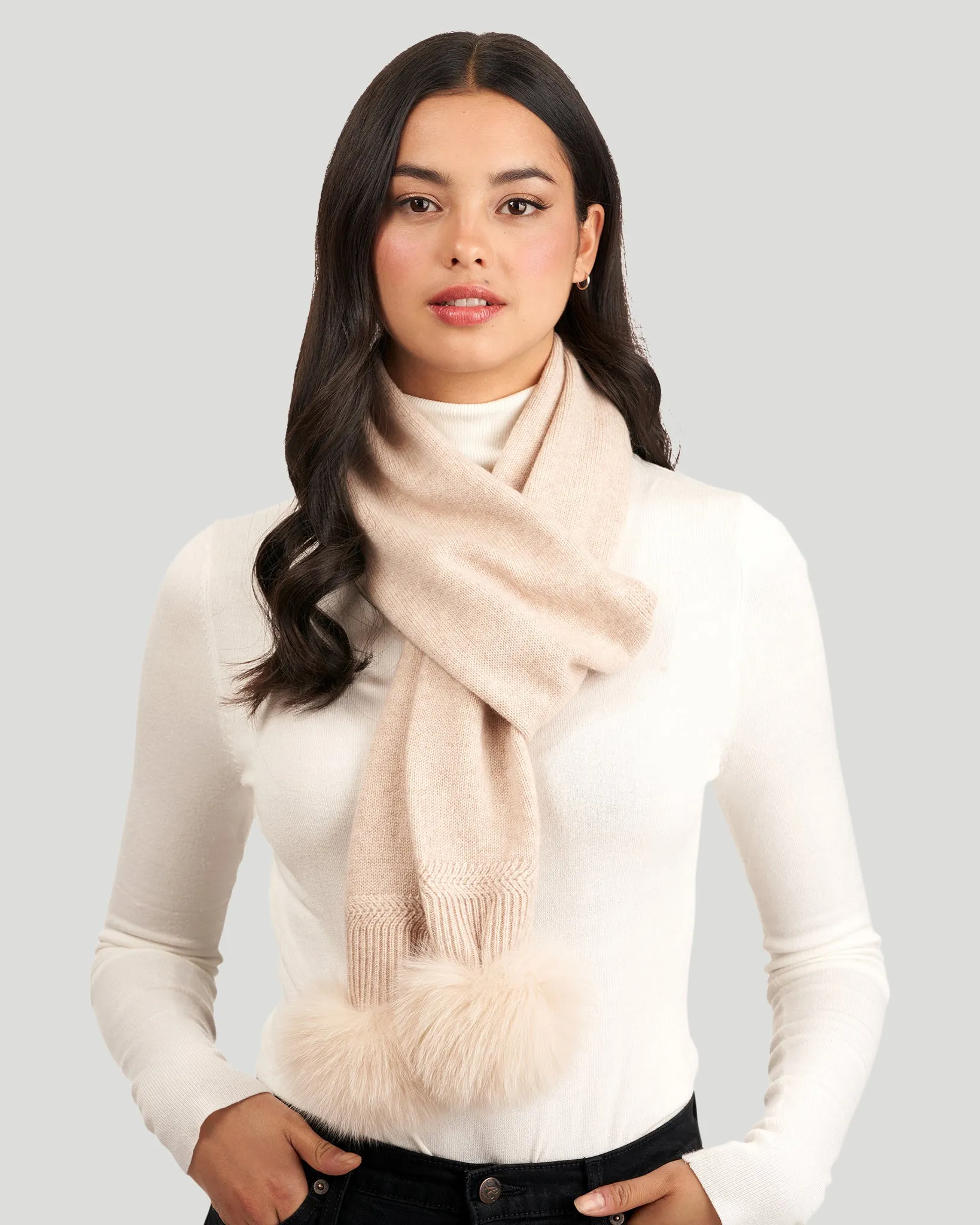 Knit Cashmere Scarf with Fox Pompom