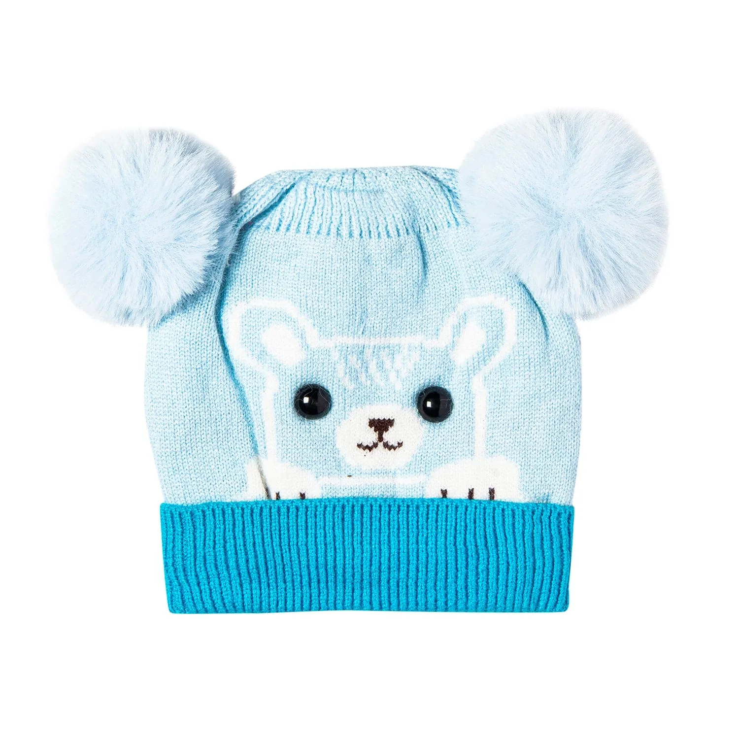 Knit Woollen Cap Pom Pom Bear Blue