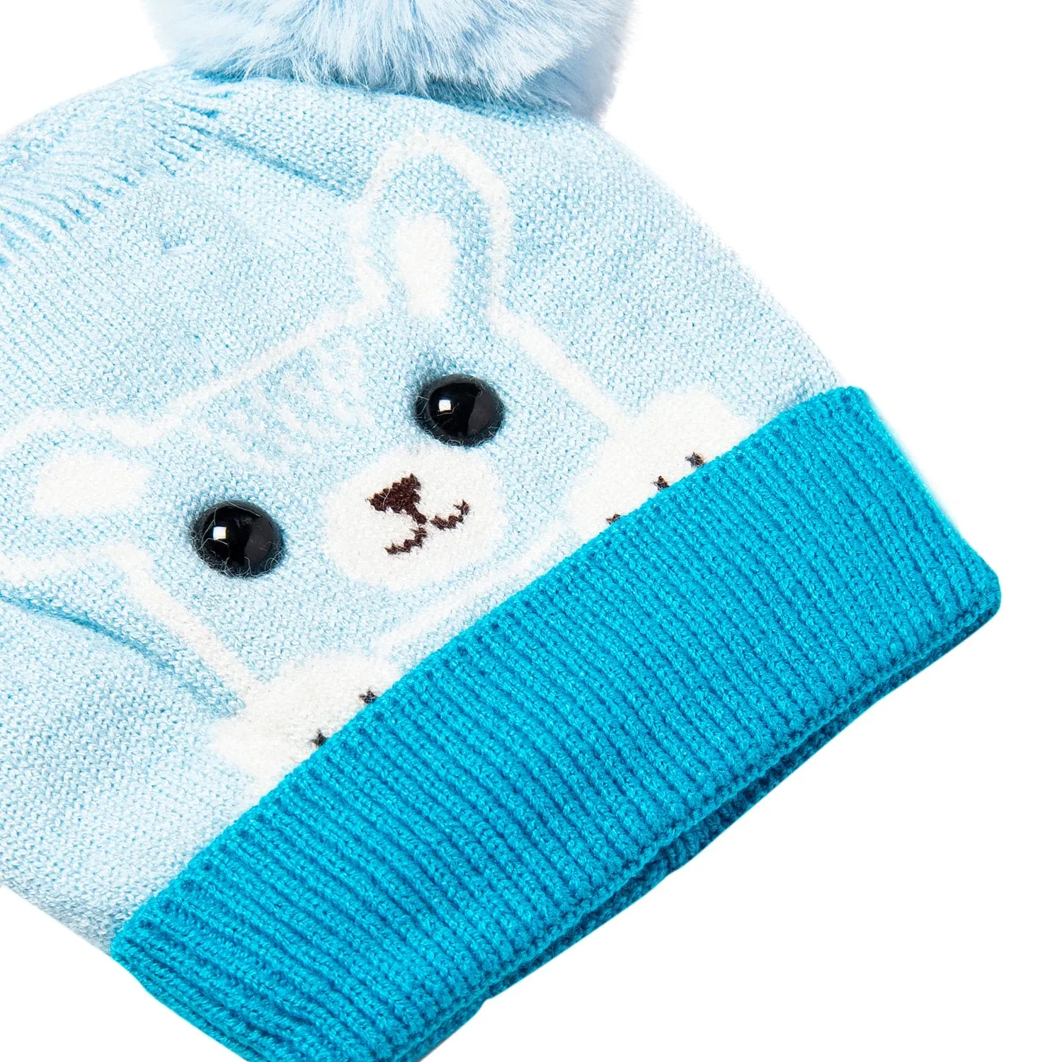 Knit Woollen Cap Pom Pom Bear Blue