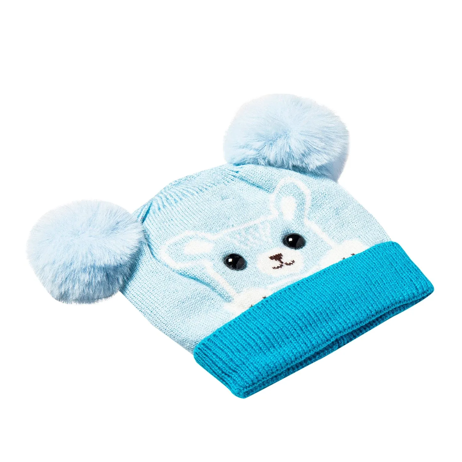 Knit Woollen Cap Pom Pom Bear Blue