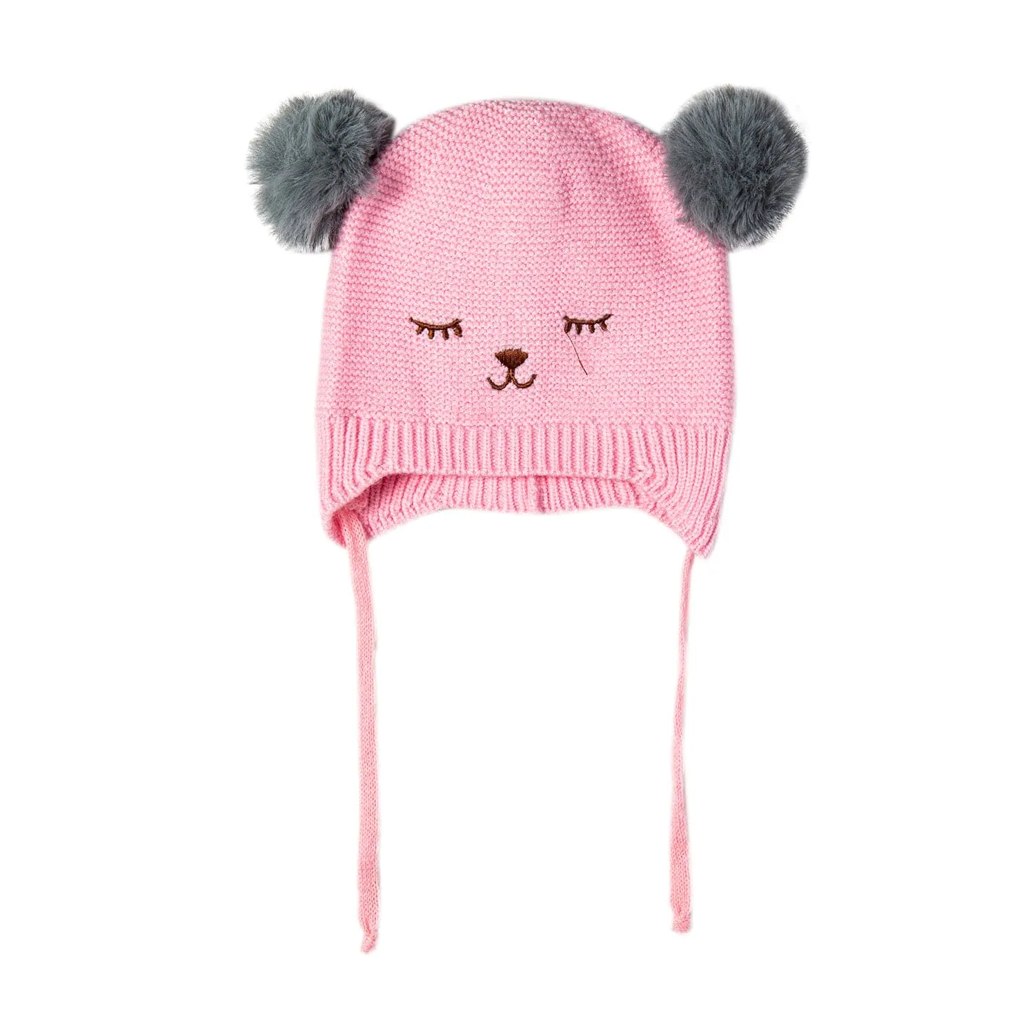 Knit Woollen Cap With Tie Knot For Ear Cover Sleeping Pom Pom Pink