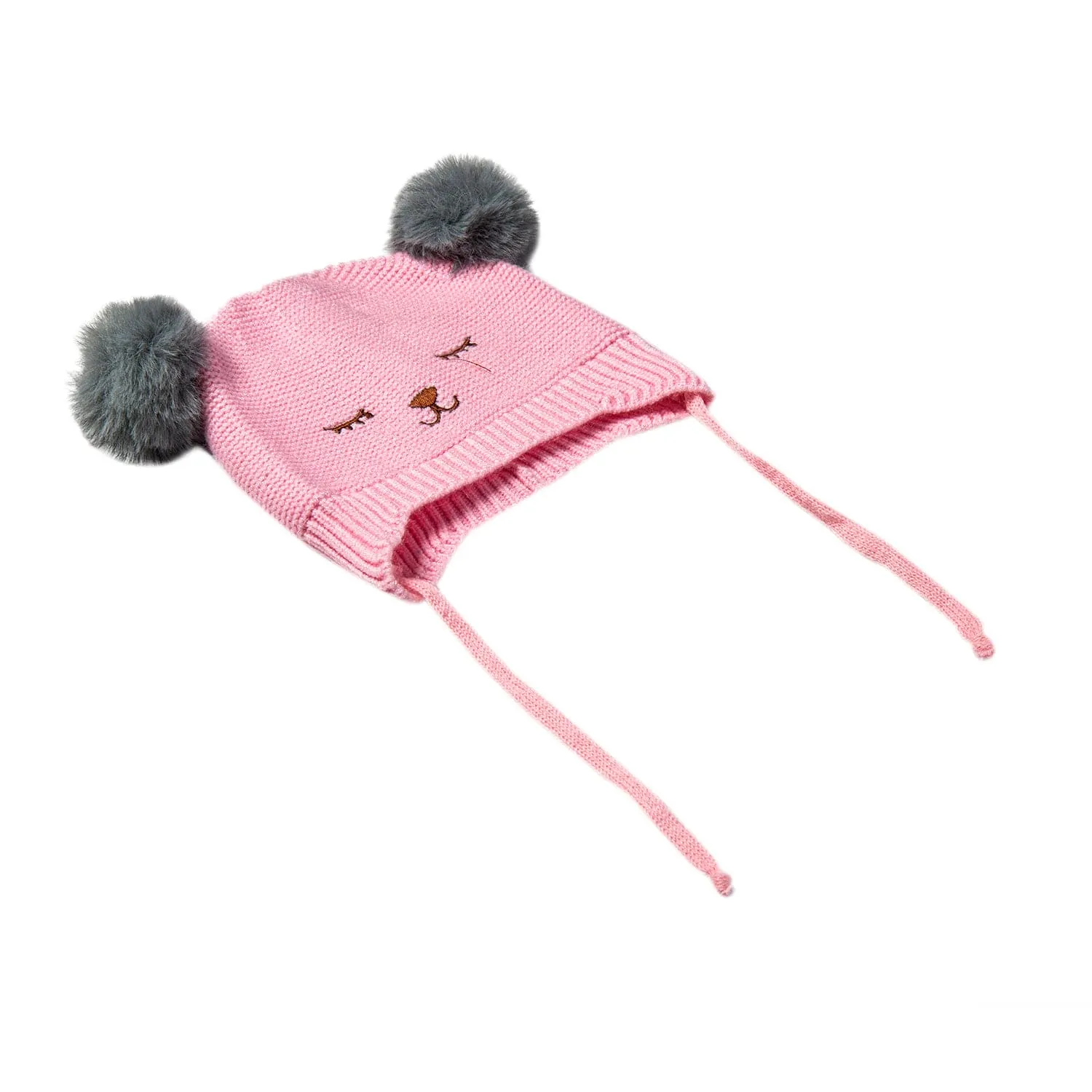 Knit Woollen Cap With Tie Knot For Ear Cover Sleeping Pom Pom Pink