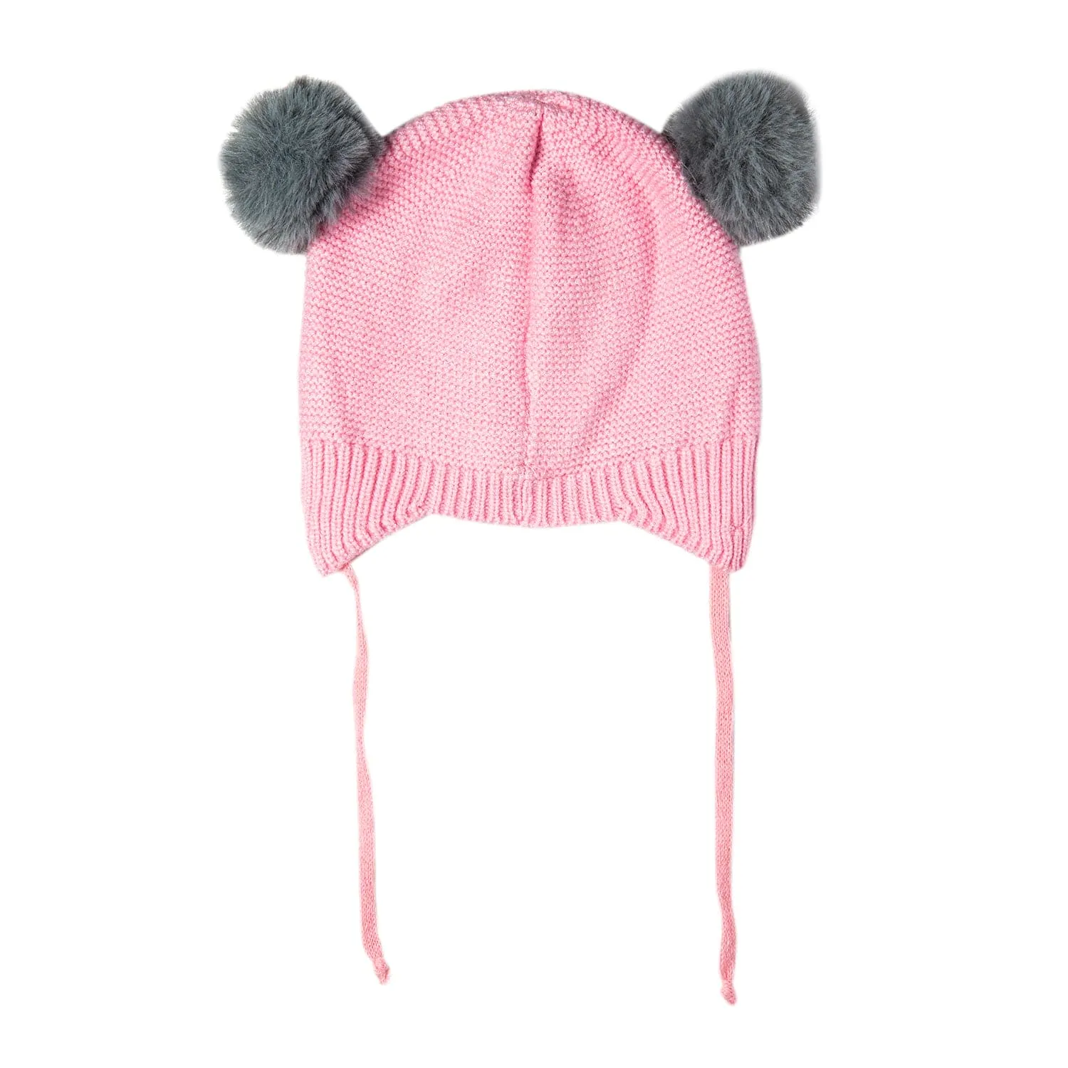 Knit Woollen Cap With Tie Knot For Ear Cover Sleeping Pom Pom Pink