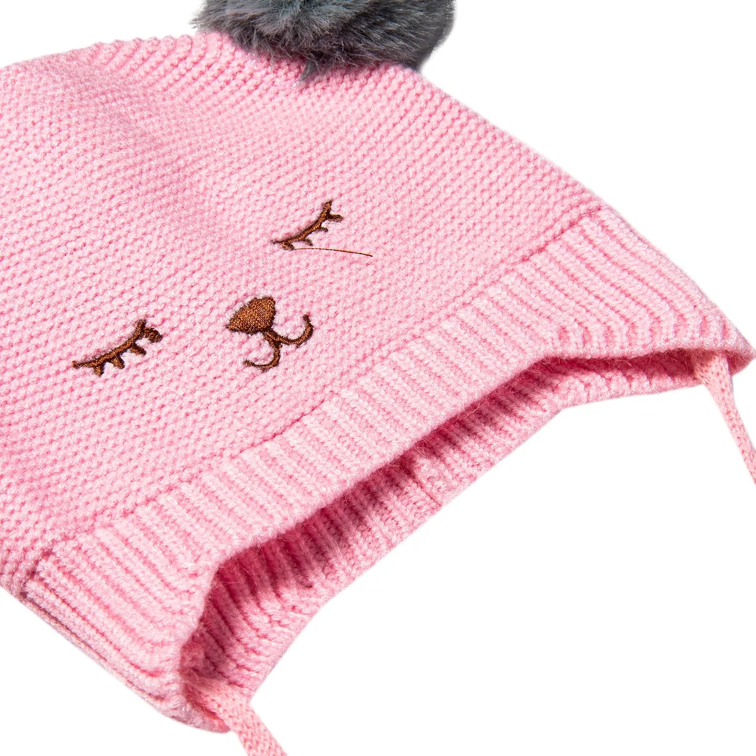 Knit Woollen Cap With Tie Knot For Ear Cover Sleeping Pom Pom Pink