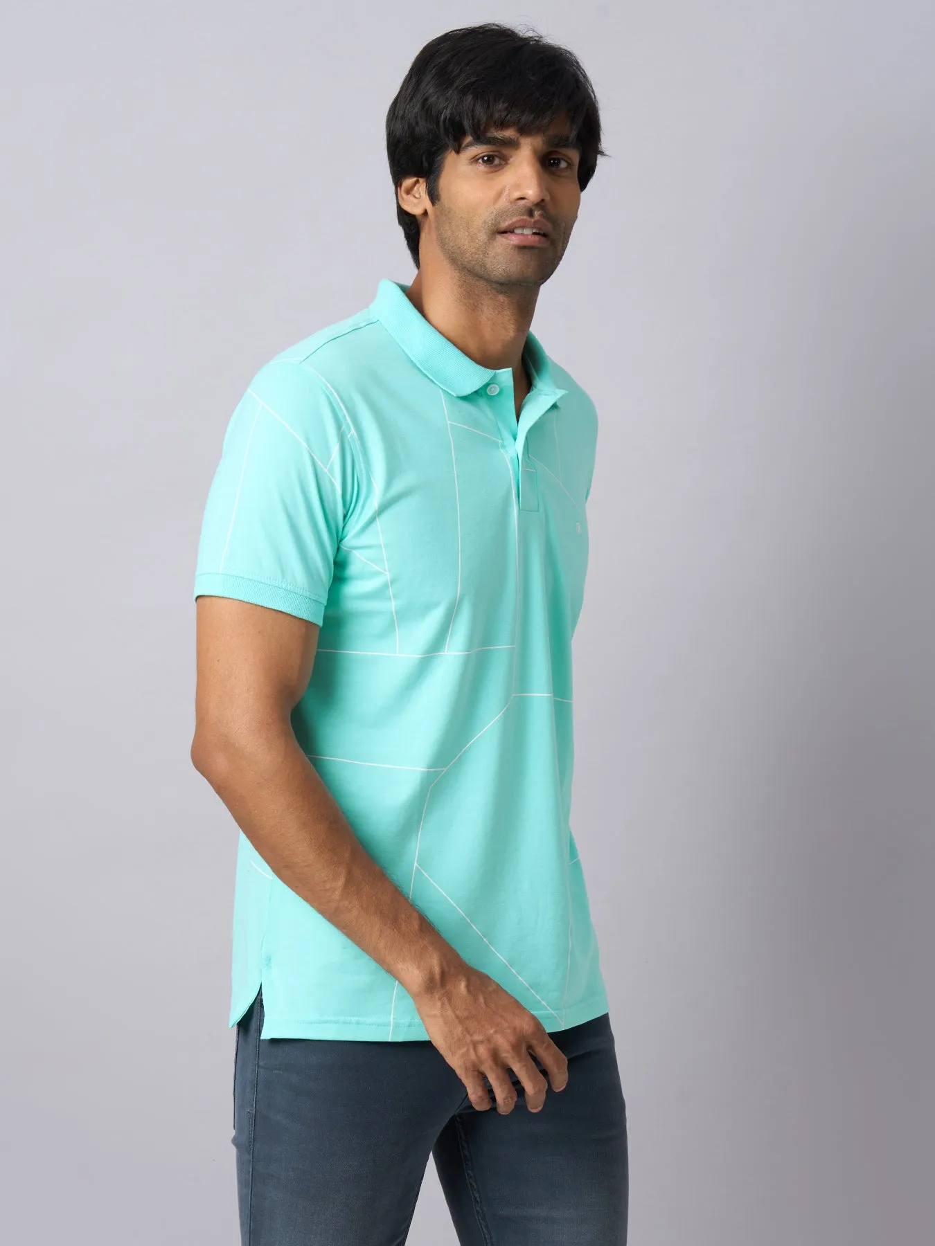 Knitted Aqua Blue Printed Polo Neck Half Sleeve Casual T-Shirt